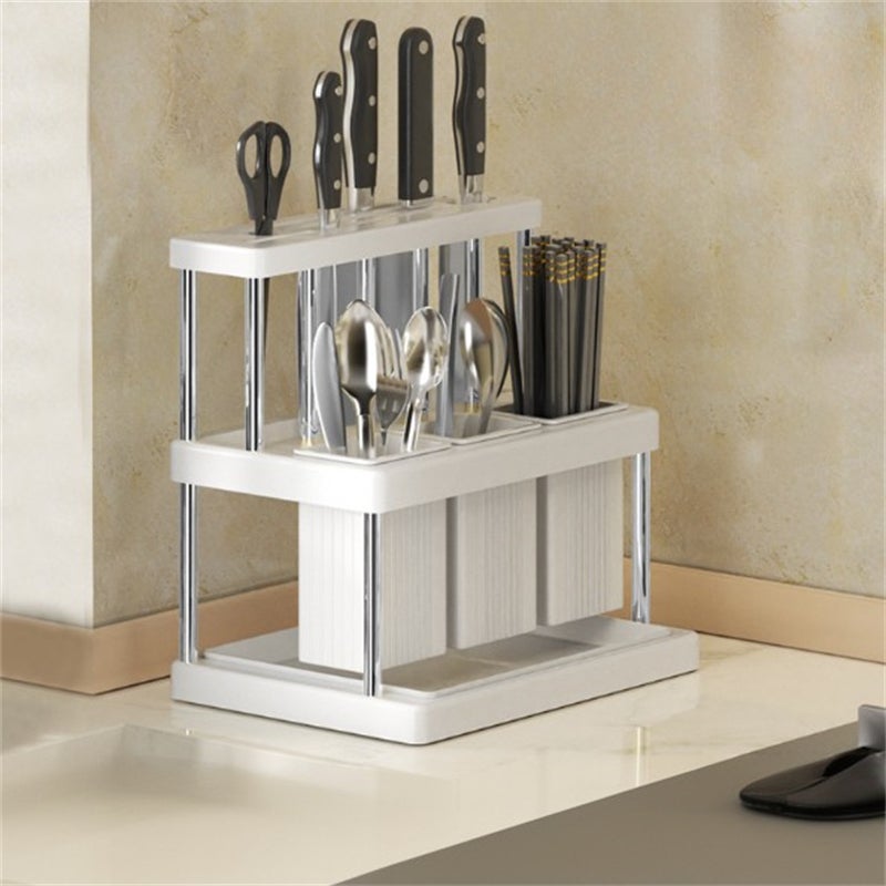 Wielofunkcyjny organizer kuchenny, plastikowy ociekacz na sztućce, uchwyty na noże i przybory kuchenne, biało-srebrny, 23*16*25cm
