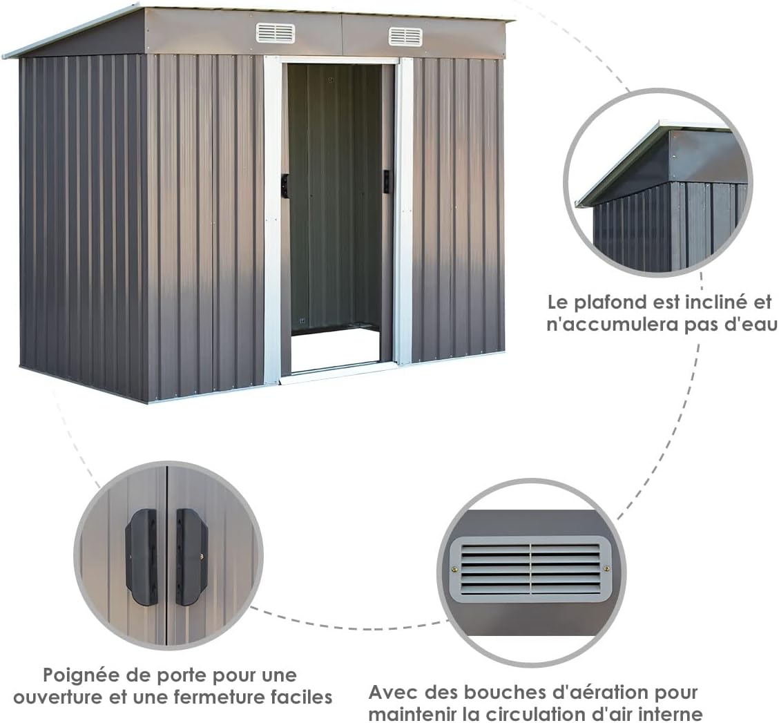 2.97M² Abri de Jardin en Métal,Cabane à Outils en Tôle Galvanisée,Remise de Jardin avec Porte Coulissante,Bouches d'Aération,238x131x181cm - 6