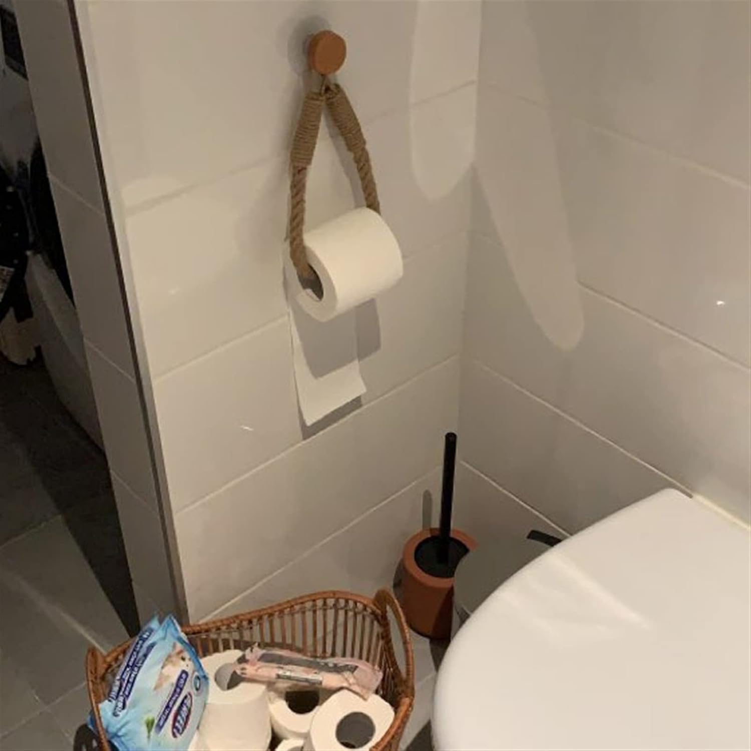 Suporte de papel higiénico de parede, suporte de papel de rolo de casa de banho tecido com corda, poupança de espaço, fácil instalação - 9