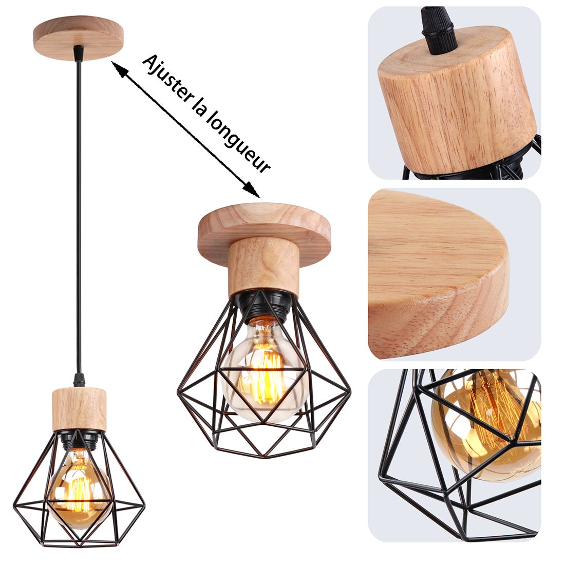 Lustre Suspension Industriel Vintage Interieur, Lampe de Plafond Douille E27 Cage Diamant Rétro pour Salon Chambre Cuisine Restaurant, E27 Noir - 4