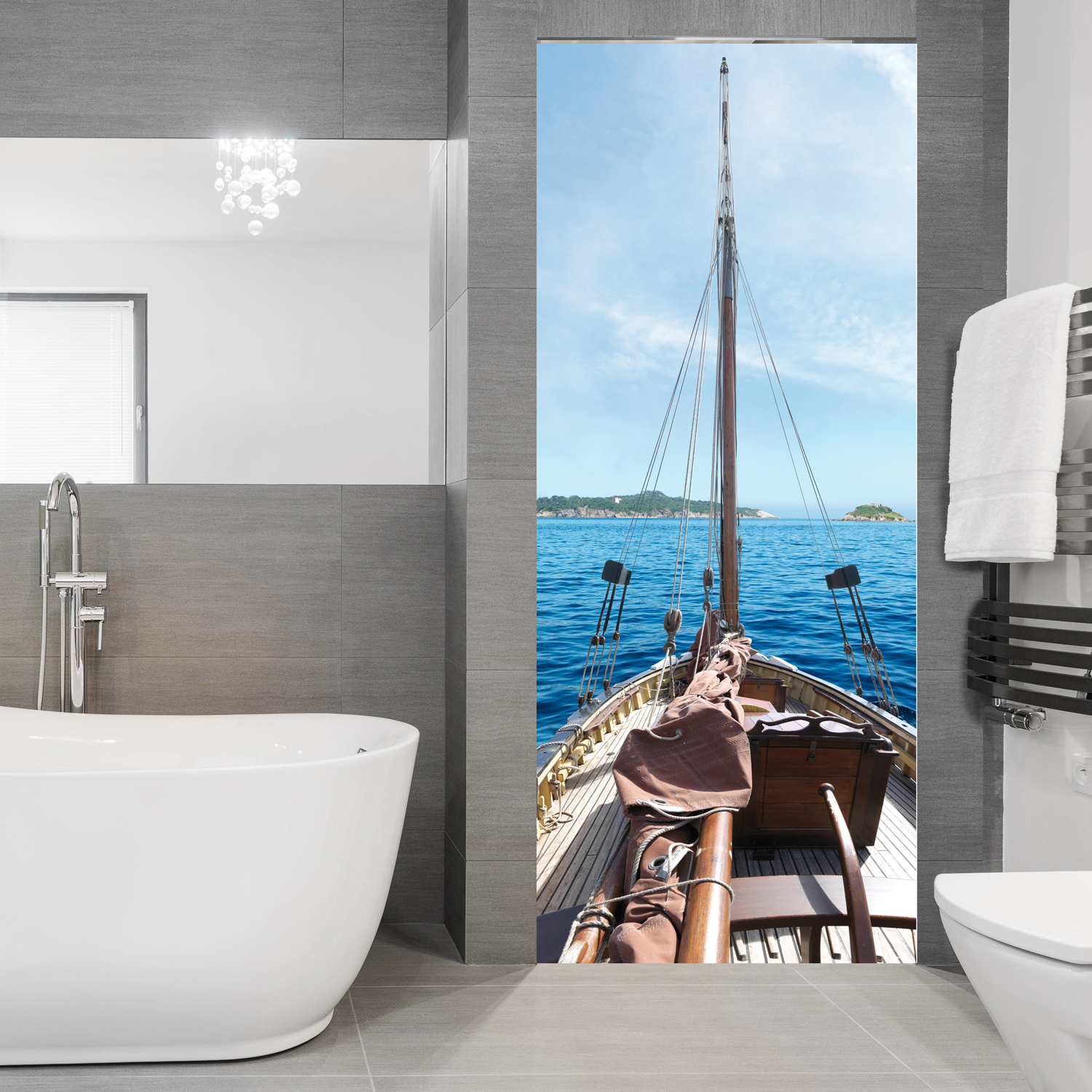 Vinilo para puerta, vista de un típica embarcacion antiguo en el tranquilo océano azul marino, 204 cm x 60 cm