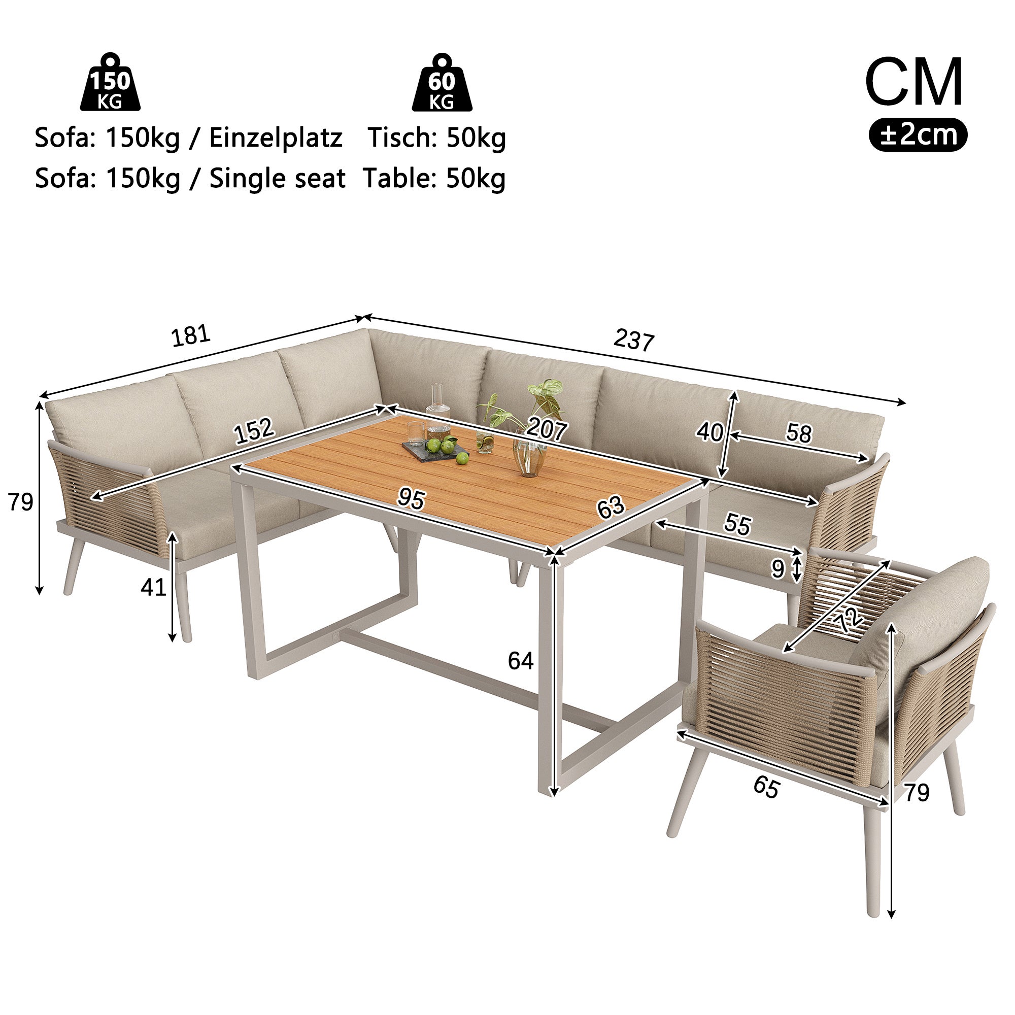 Salon de jardin modulable en fer 7 places : 1 canapé d'angle 5 places + 2 fauteuils + table basse - Beige - 6