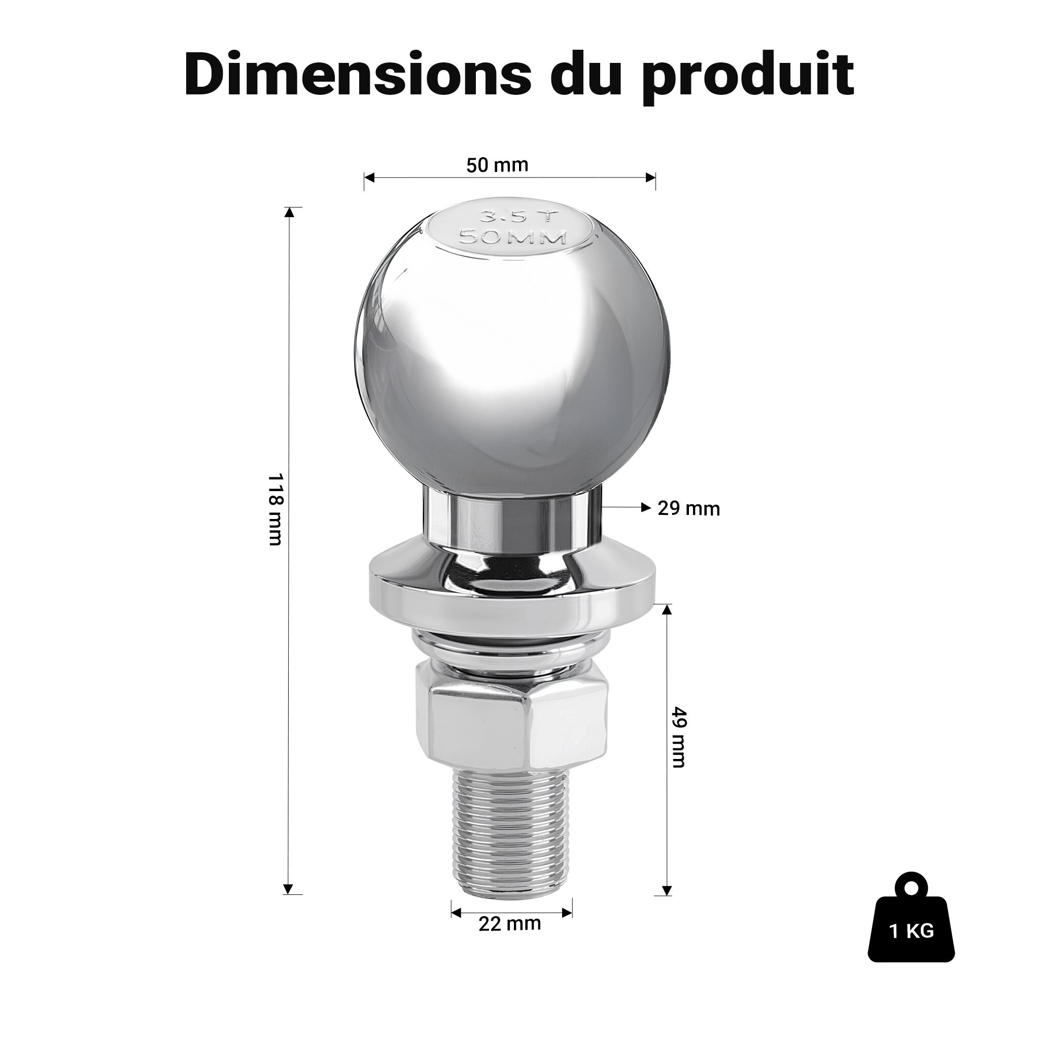 Boule d'attelage 50 mm 3,5 t en acier au carbone Tête sphérique droite 50/22 mm pour attelage de Wiltec - 3