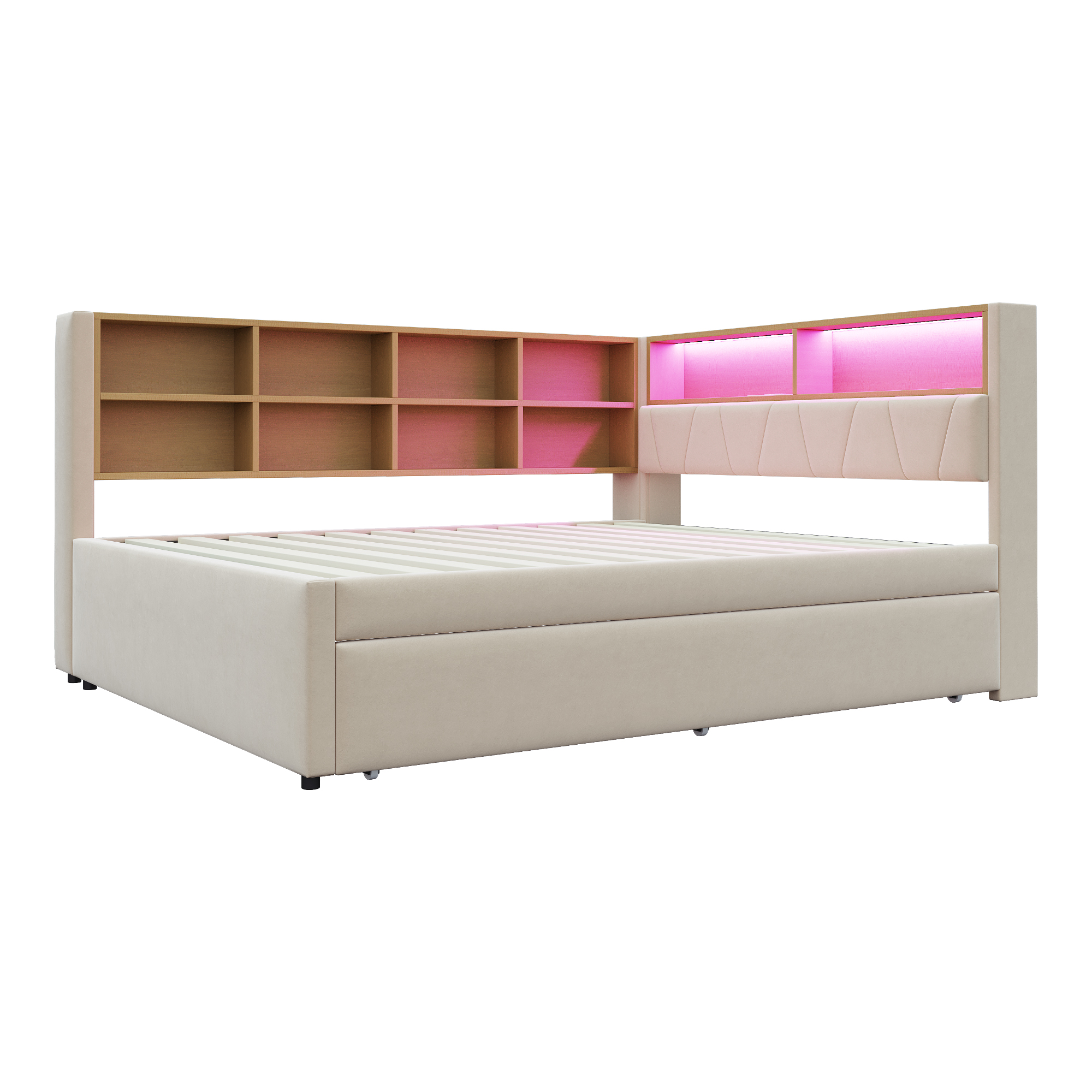 Divano letto 140x200cm 90x190cm Multifunzione LED prese ampio spazio flanella beige (Senza materasso) - 4