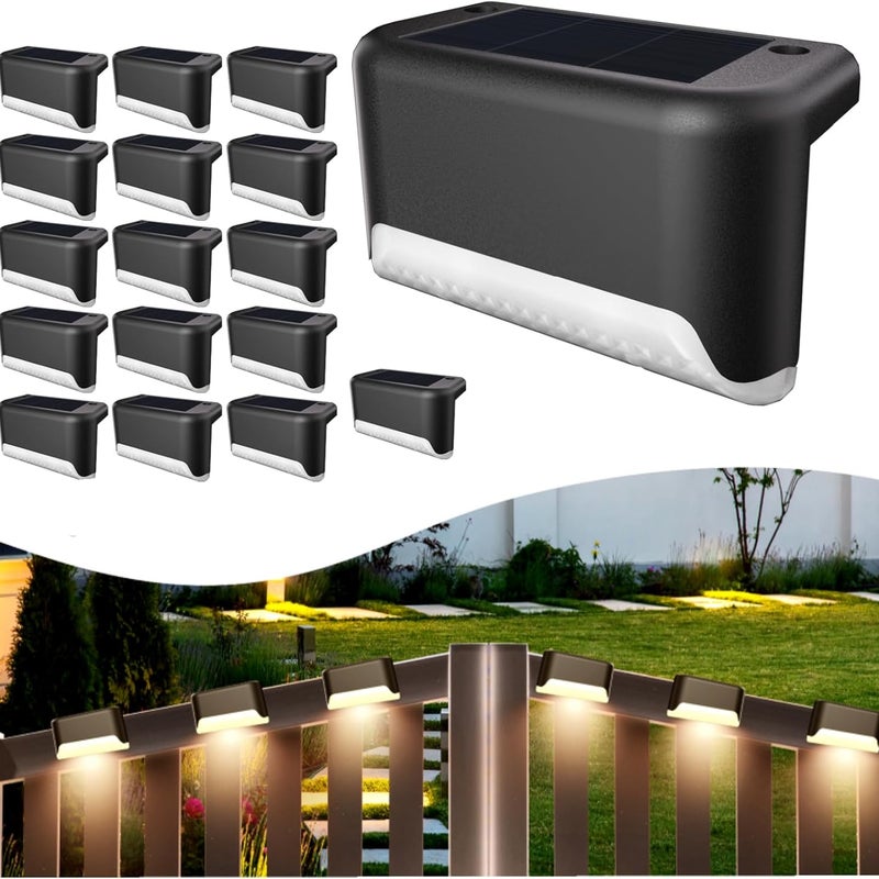 Zestaw 16 lamp solarnych LED na taras, wodoodporne lampy solarne do schodów, stopni, poręczy i tarasów zewnętrznych (ciepła biel, czerń)