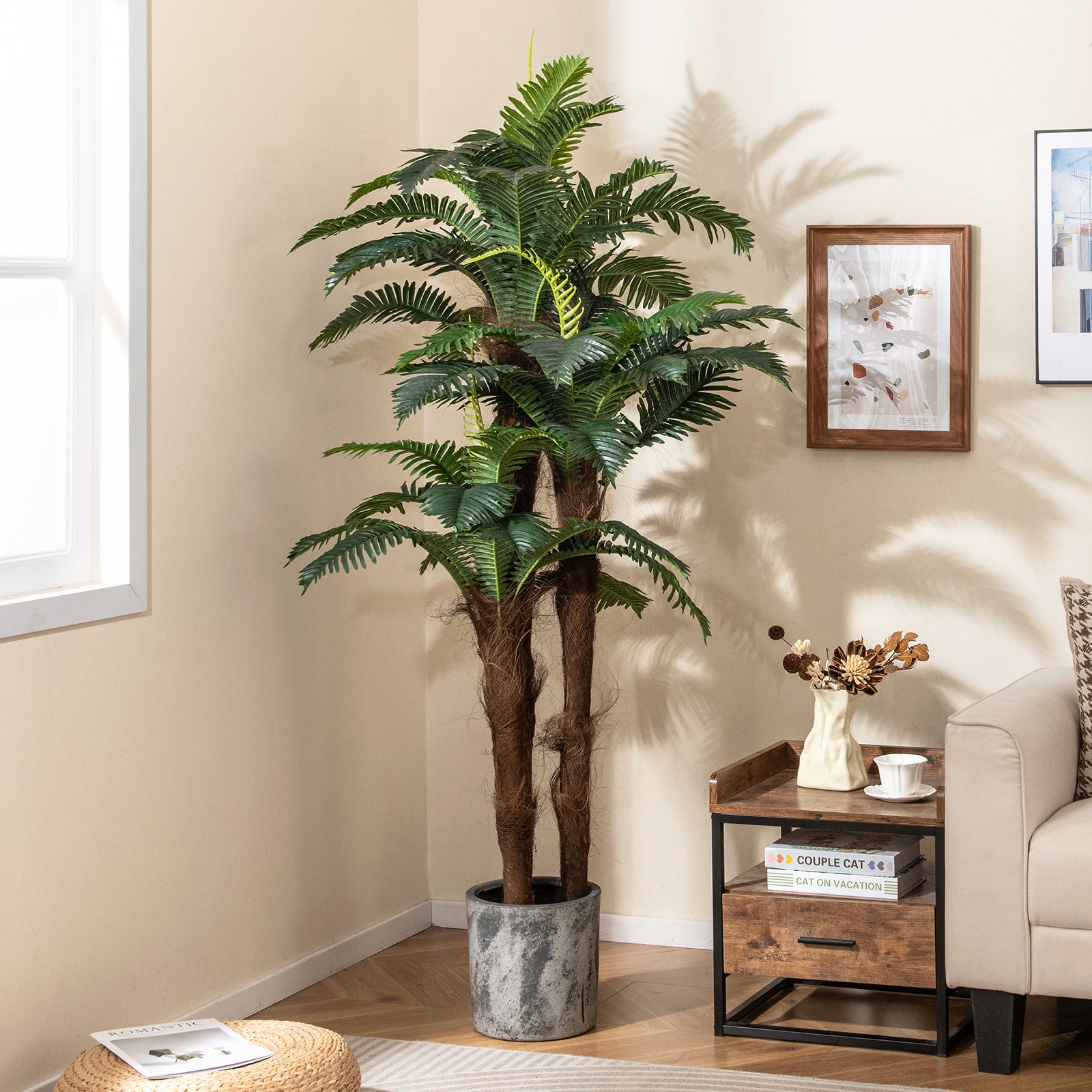 Lot de 2 Palmiers Artificiels de 191 cm, Faux Arbre Tropical en Pot avec 48 Feuilles Ajustables 3 Troncs Réalistes & Mousse, Décoration Moderne - 3