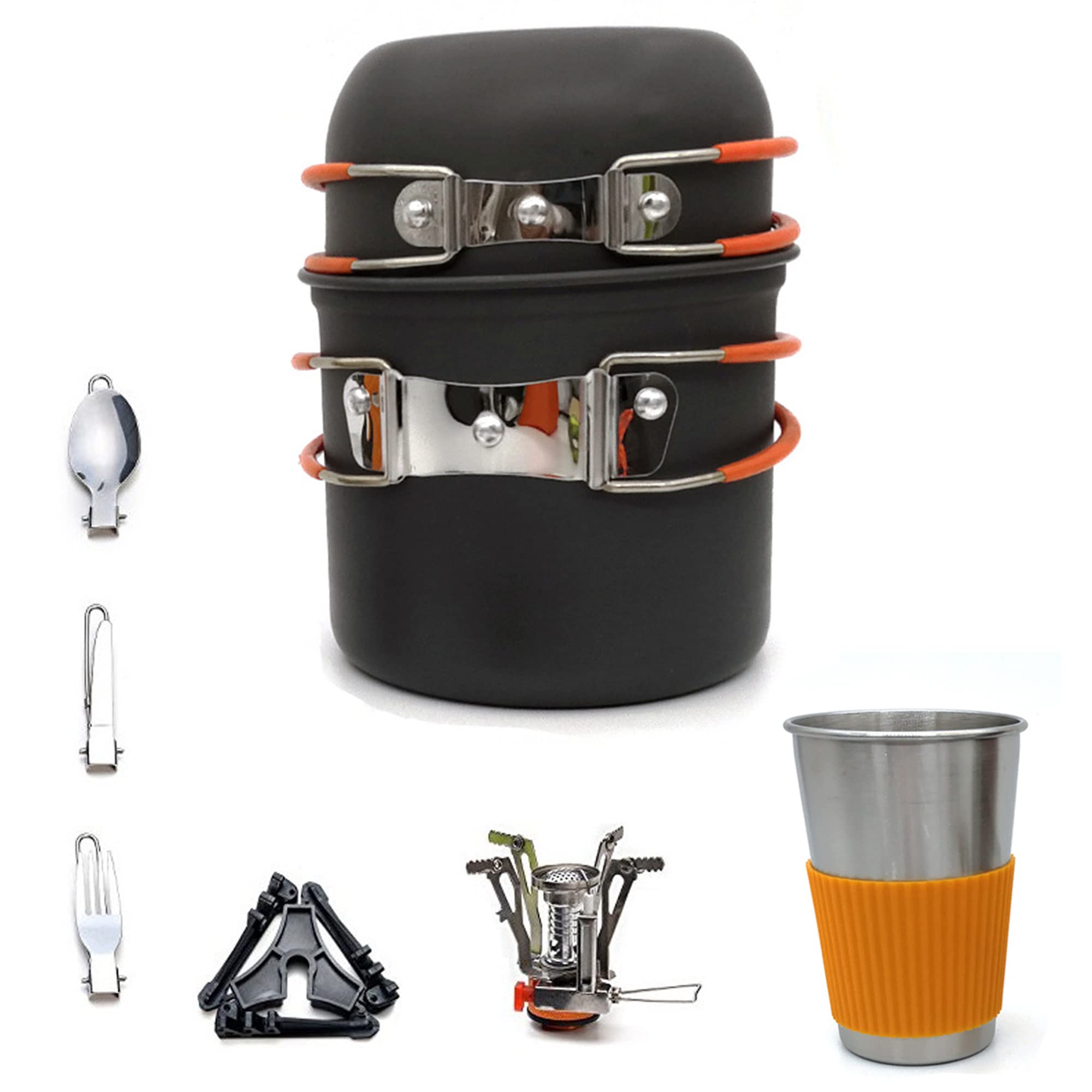 Set De Cuisine Camping 8 Pièces En Acier Inoxydable – 2 Casseroles, Poêle, Assiettes, Tasses – Pour 5 à 6 Personnes