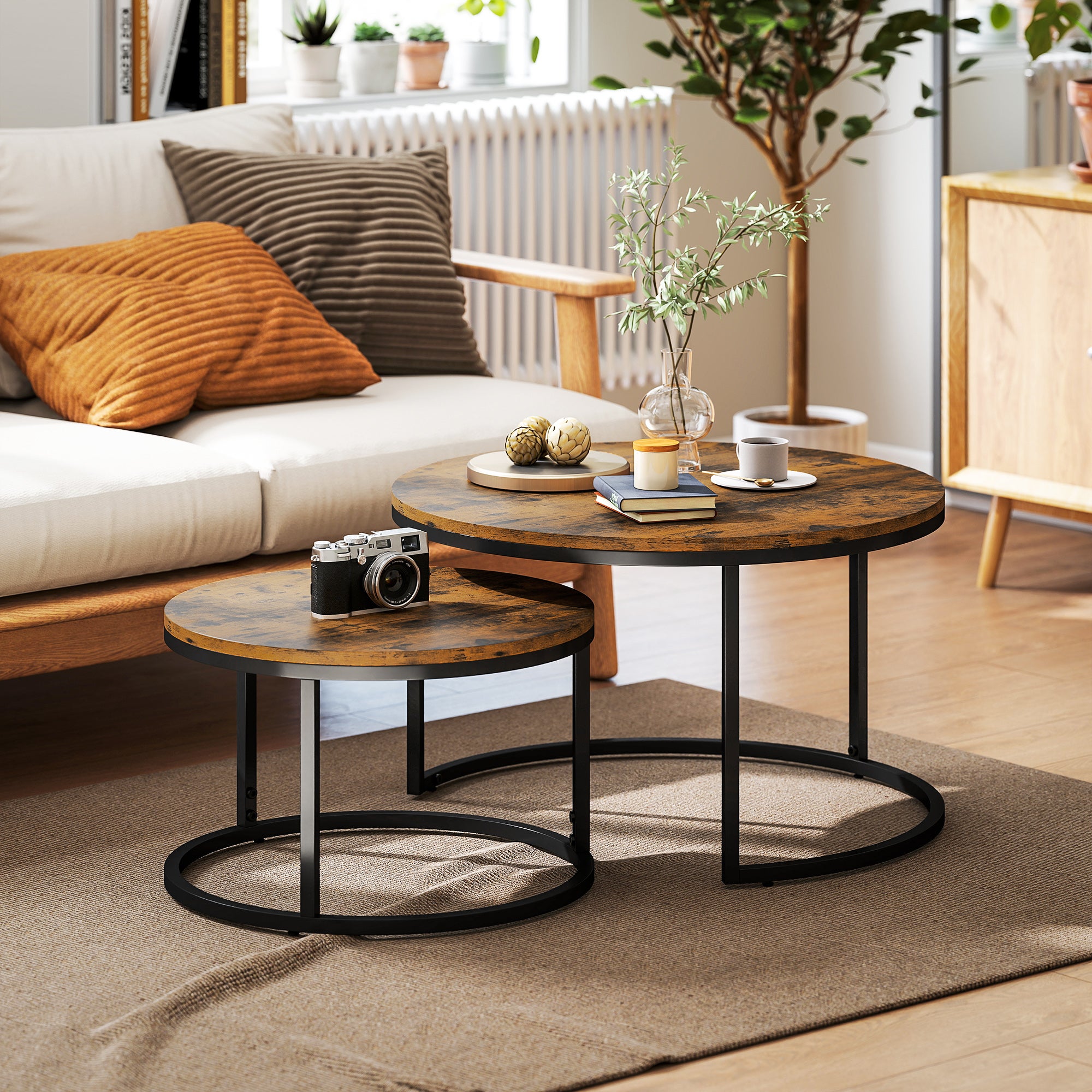 Lot de 2 tables basses gigognes empilable design industriel plateau imitation ciment pieds en métal brun rustique - 4