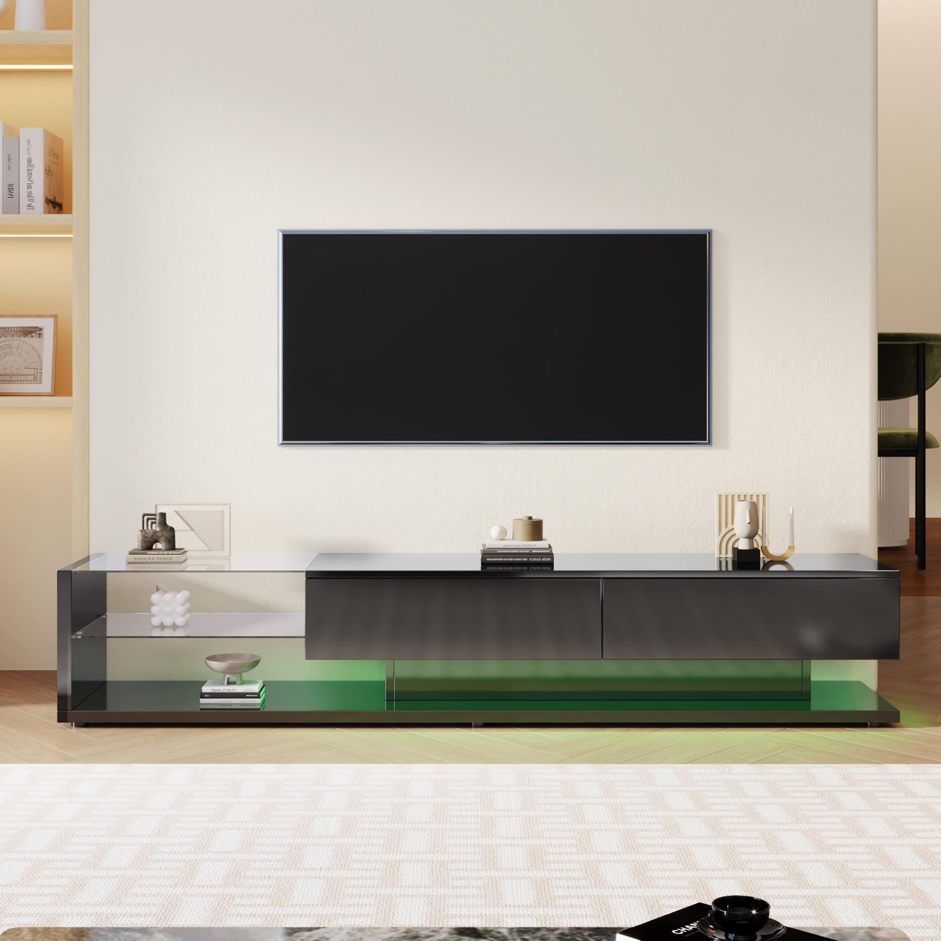 Nowoczesna szafka pod telewizor z oświetleniem LED, 2 duże szuflady, 2 szklane półki, wysokiej klasy design, wytrzymałe i eleganckie materiały