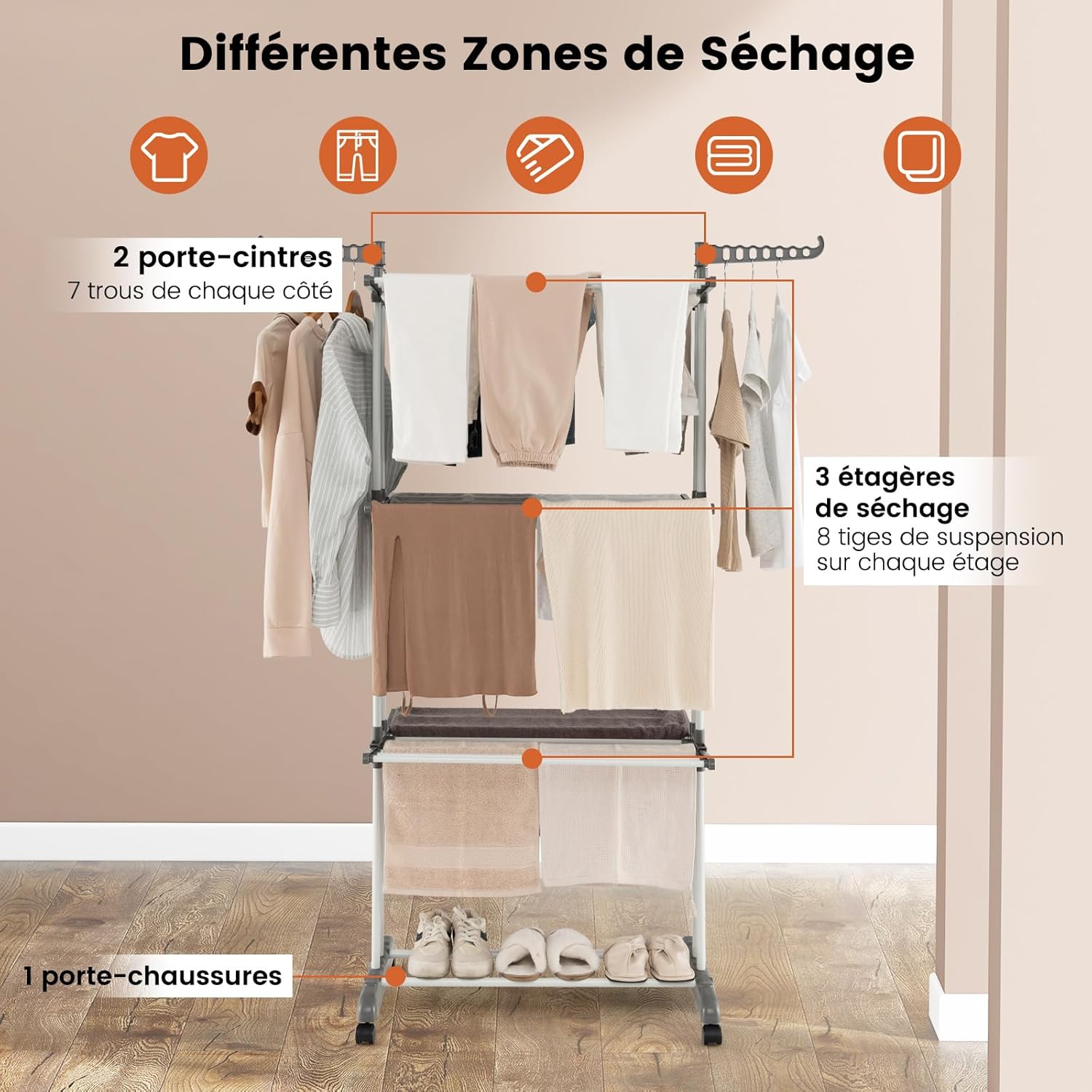 Stendibiancheria a Torre, Stendibiancheria Verticale Salvaspazio con Supporti per Grucce Girevoli e Piani Pieghevoli, Stendino Pieghevole con - 3