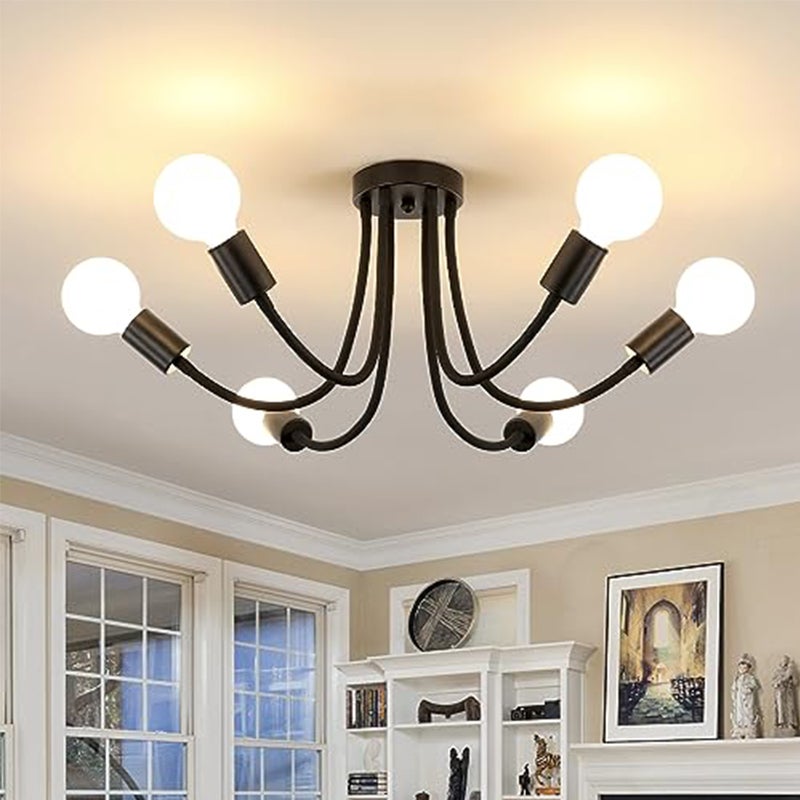 Plafonnier Industriel Noir 6 Lumières - Lustre Sputnik Vintage Métal & Bois - Bras Réglables, Culot E27 - Pour Salon, Cuisine