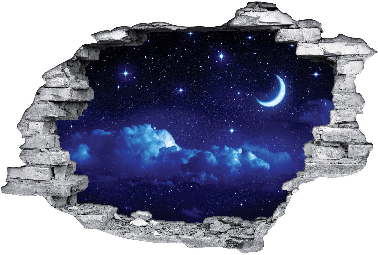 Stickers Trompe l'oeil trou dans le mur - Ciel Nuit - Pierres grises - Hauteur 60 x Largeur 90 cm - 3
