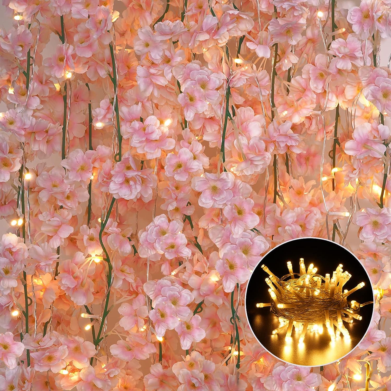 Wisząca winorośl z kwiatami wiśni, 10-metrowa girlanda świetlna z 100 diodami LED, jedwabna girlanda z winorośli Sakura do dekoracji na przyjęcie
