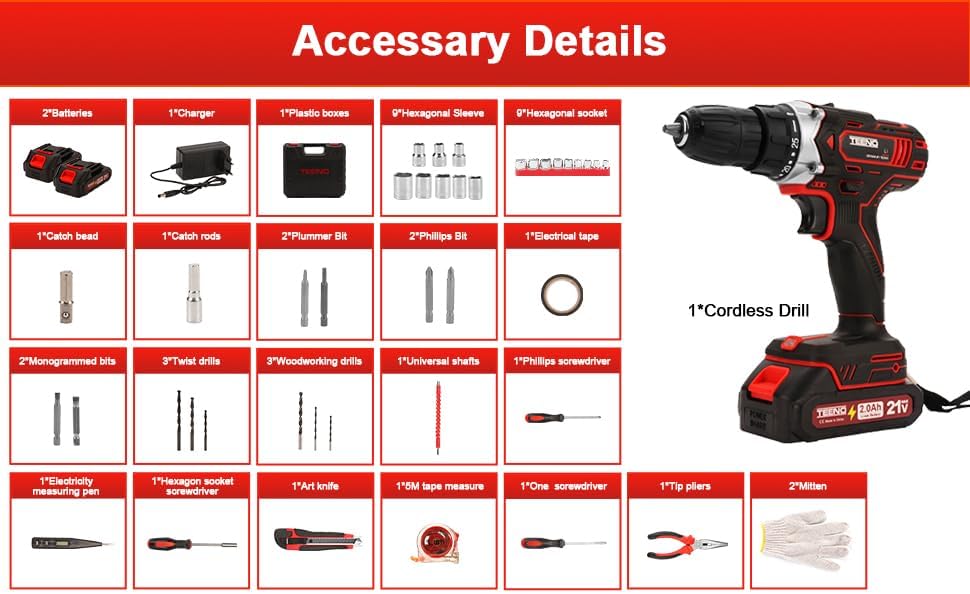 TEENO Perceuse Visseuse Sans Fil 21V Pour Batterie Makita 2x2.0Ah Batteries,45 Nm Visseuse Devisseuse Sans Fil,25+1 Réglages de Couple,2 Vitesses,46 - 3