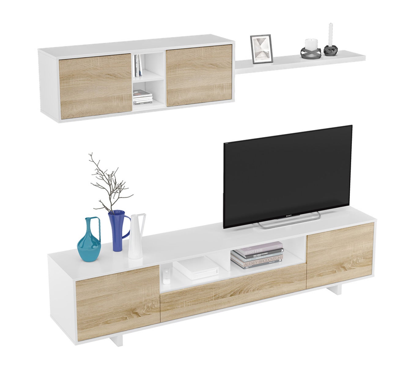 Ensemble TV coloris blanc brillant / Chêne canadien - Dim : 200 x 41 x 46 cm - 2