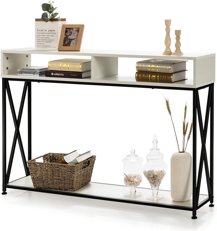 2-poziomowy stół konsolowy z otwartymi półkami, stół do przedpokoju z drewna, regał stojący, stolik pomocniczy do wejścia, 120 x 23 x 79 cm (biały)