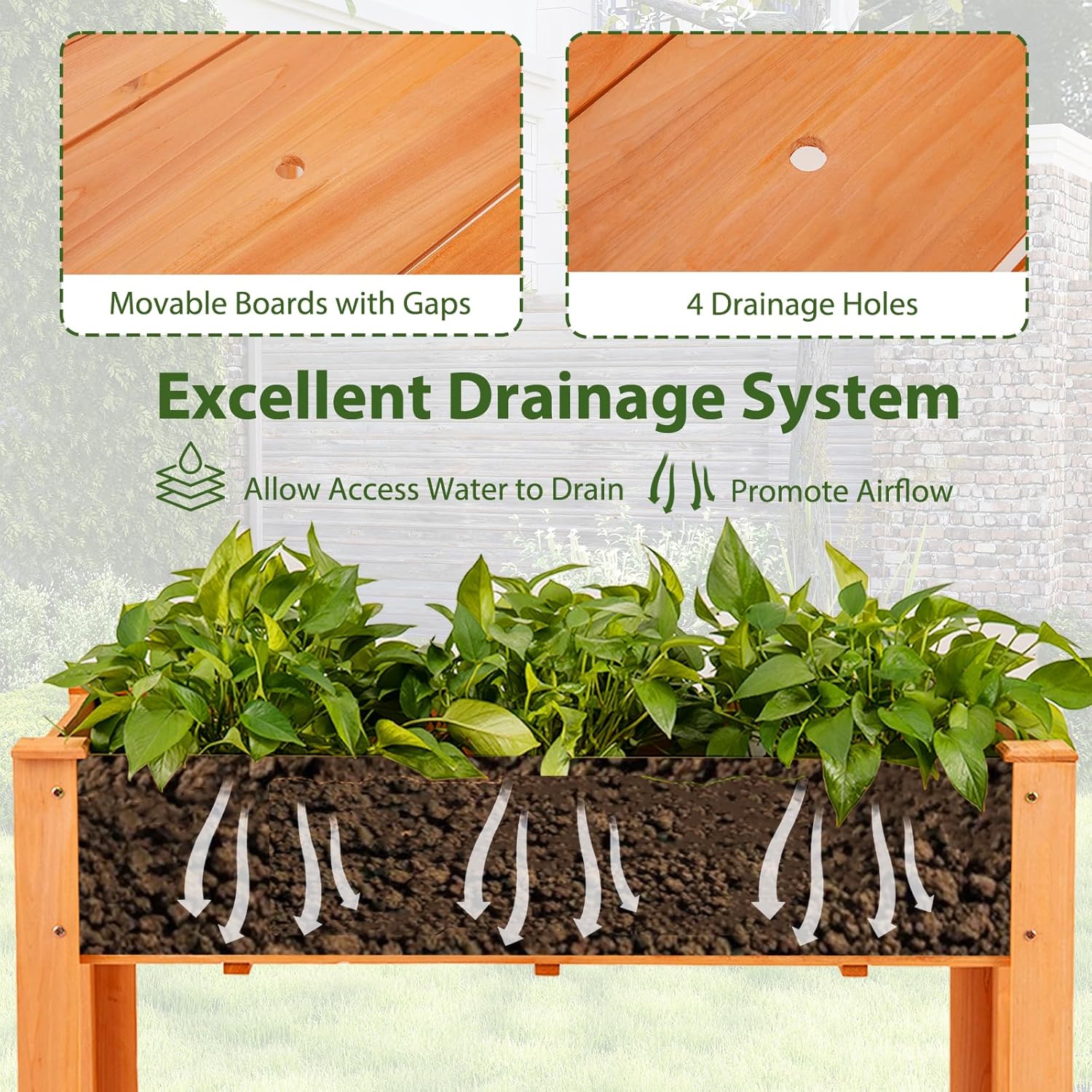 Carré Potager sur Pieds en Bois de Sapin, Jardinière Surélevée Extérieure avec Trou de Drainage, 120,5x60,5x81,5CM (Orange) - 3
