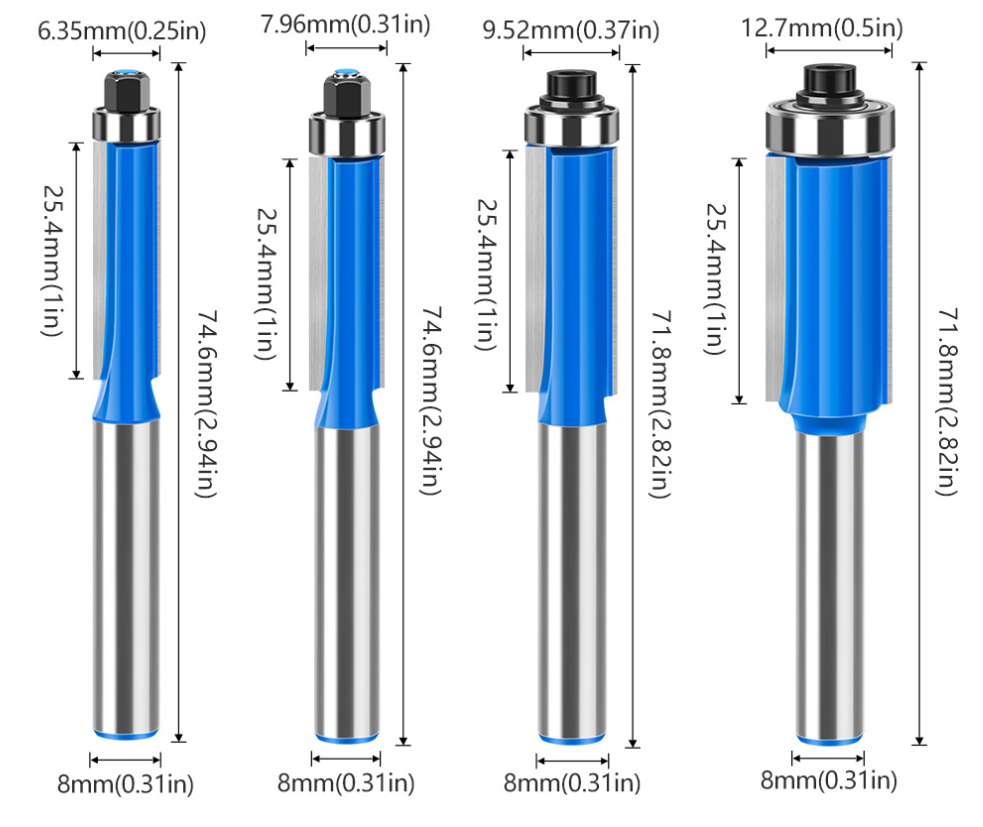 SICWOOD Set 5 Punte Per Fresa Per Cava A L (Rabbit) 1/4" Gambo, 5 Cuscinetti, Diametro Taglio 1-1/4"