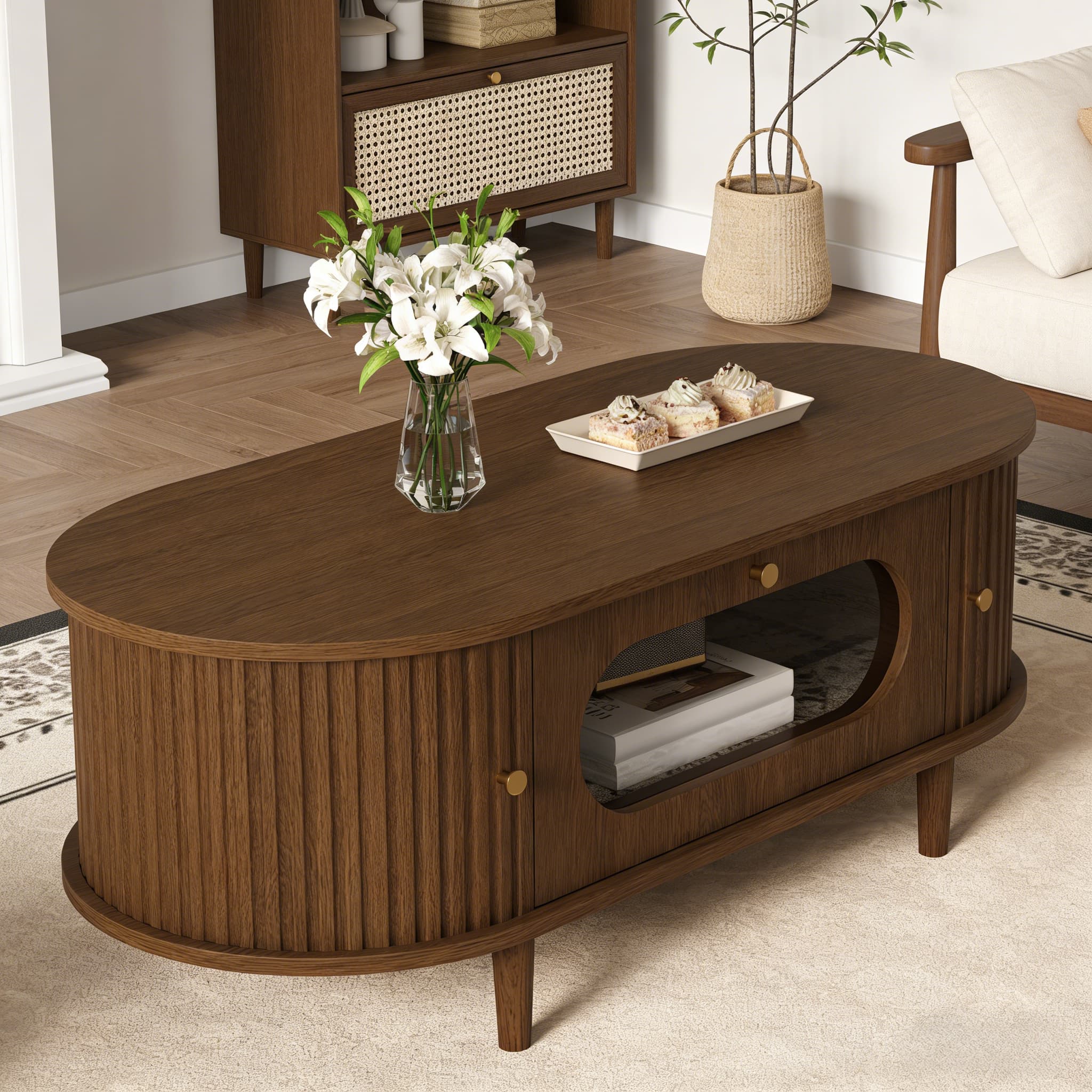 Table Basse Salon Noyer 100x50x36 cm | Tiroir + Porte Roulante | Table ...