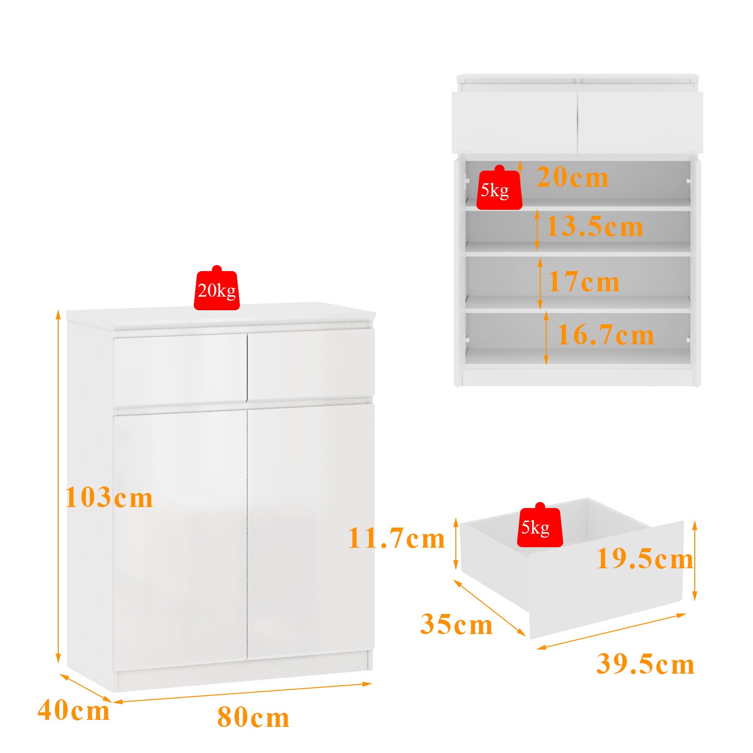 Buffet de Salon avec 2 Portes et 2 Tiroirs, Petit Rangement de Chambre sans Poignée, 80 x 40 x 103, Blanc Brillant - 3