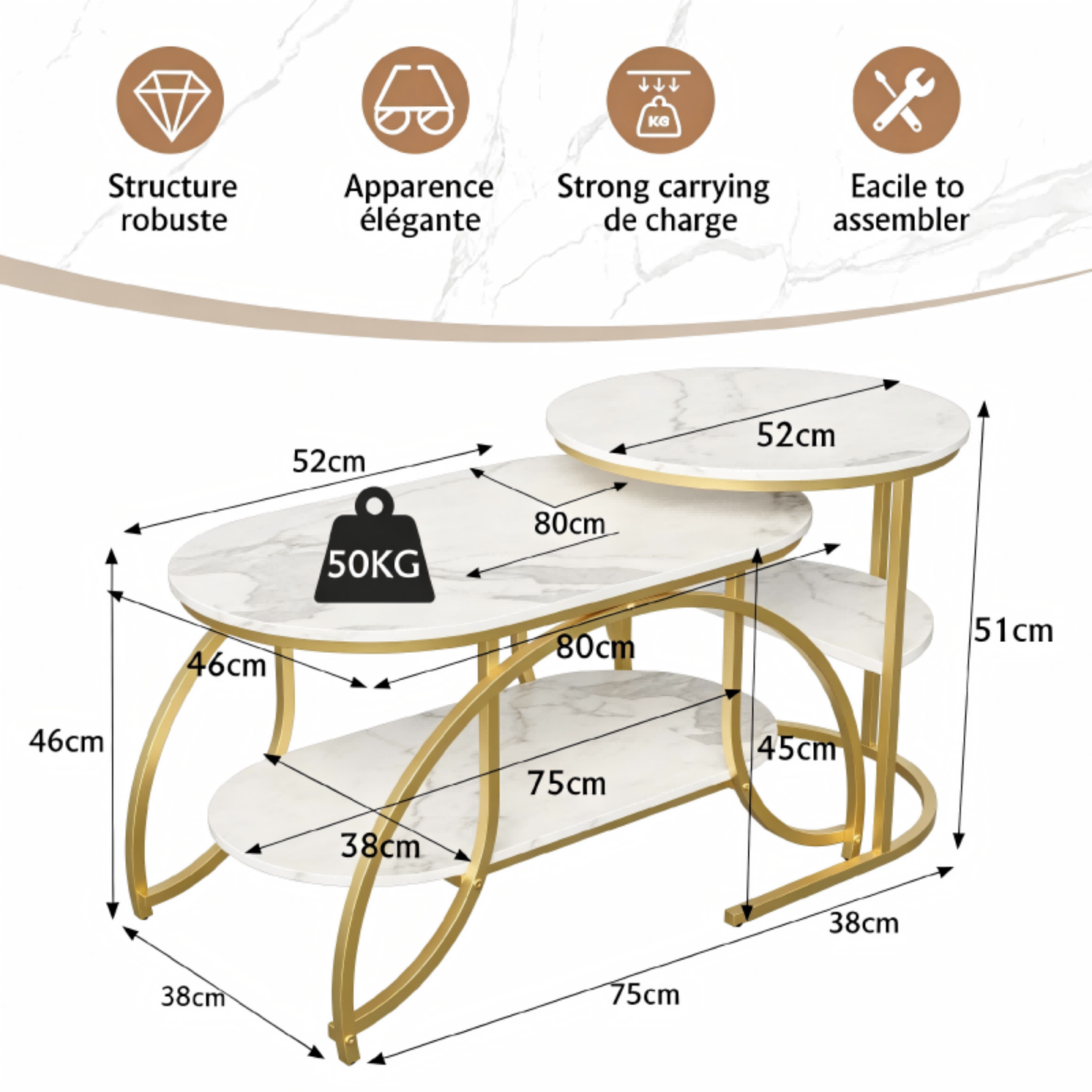 Meuble Table Basse,Table d'appoint, table de canapé 80 x 46 x 51,Table Marbre, Bout de Canapé, Blanc + doré, pour salon, chambre à coucher - 6