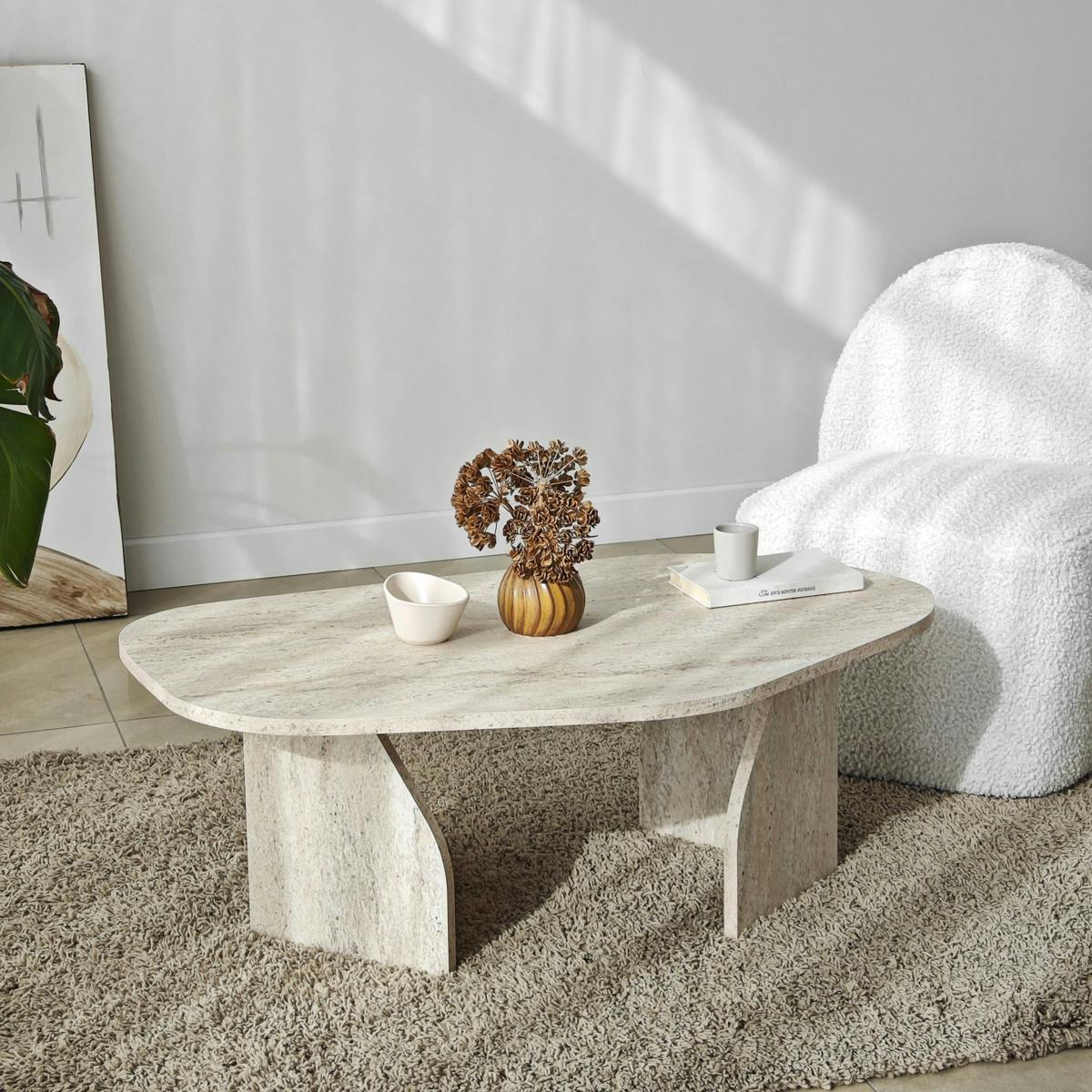 Table basse design effet travertin, forme galet MARFA - 6