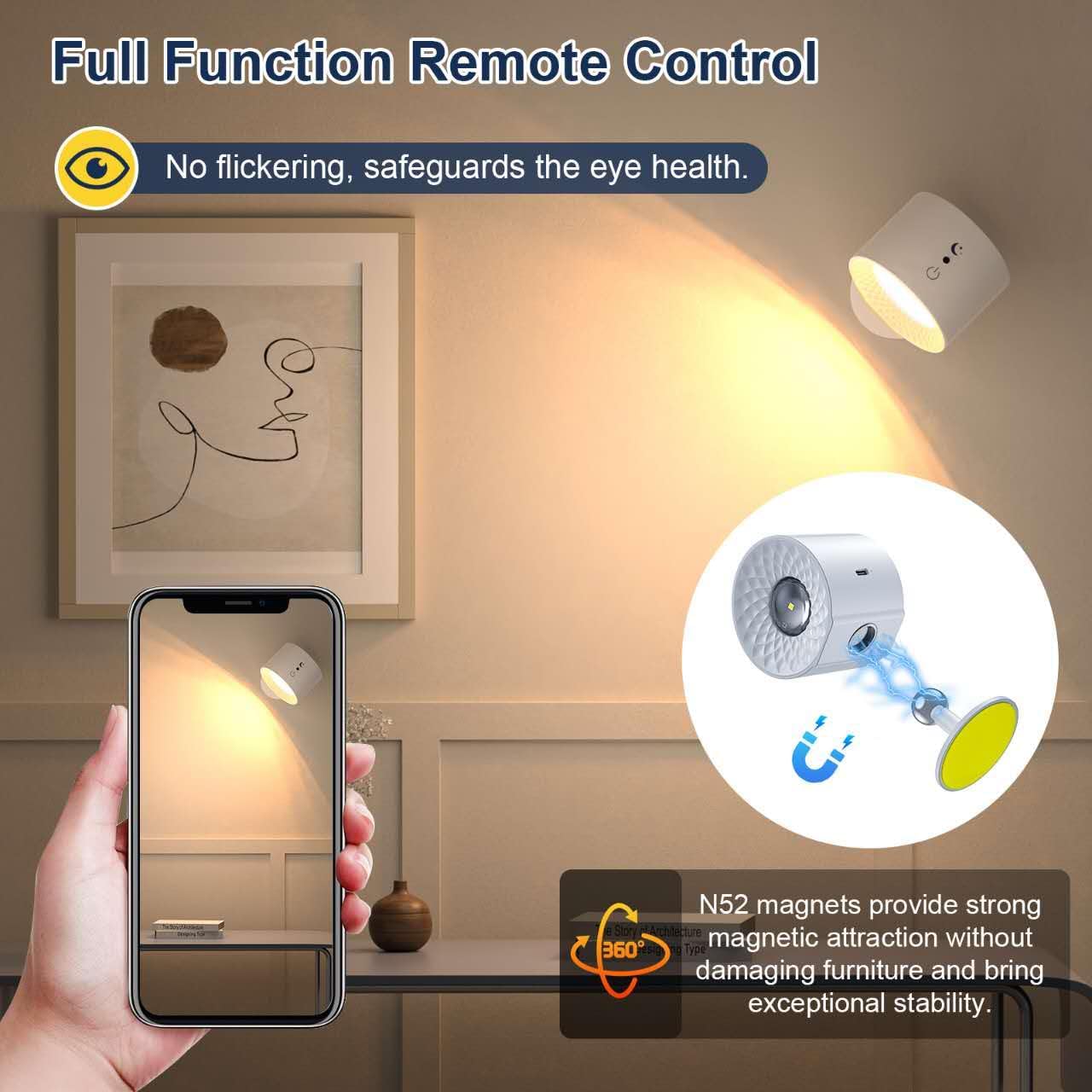 Lampe murale à LED double face avec télécommande,contrôle tactile,3 Couleurs,USB,rechargeables,à 360°- Blanc - 6
