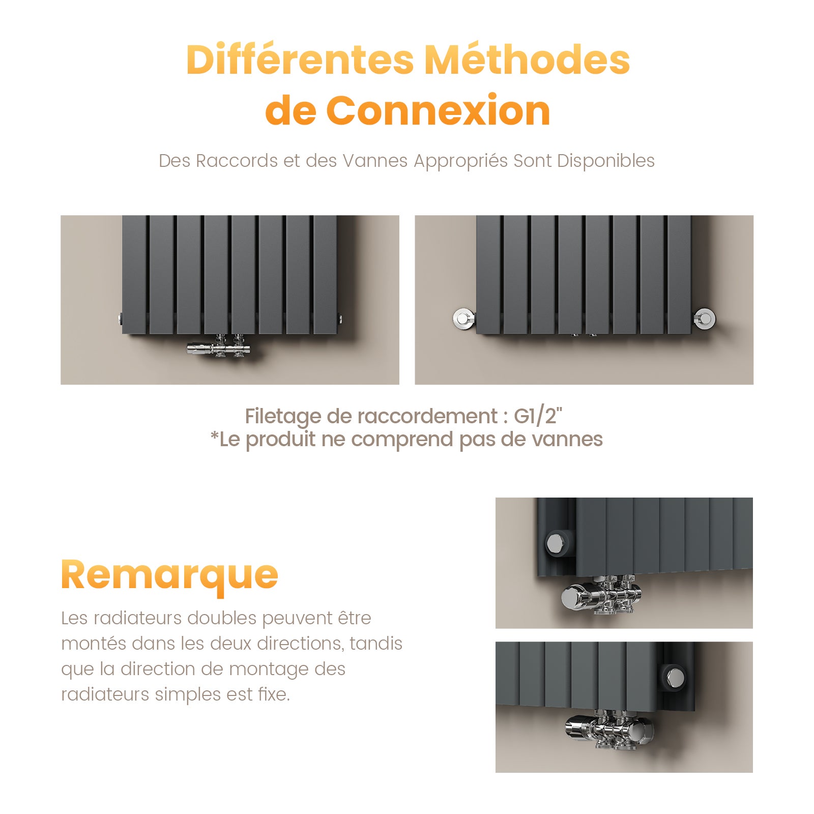 EMKE Radiateur eau chaude en acier 180x61cm 2227W Radiateur plat Double couche connexion centrale Montage mural, Anthracite - 5