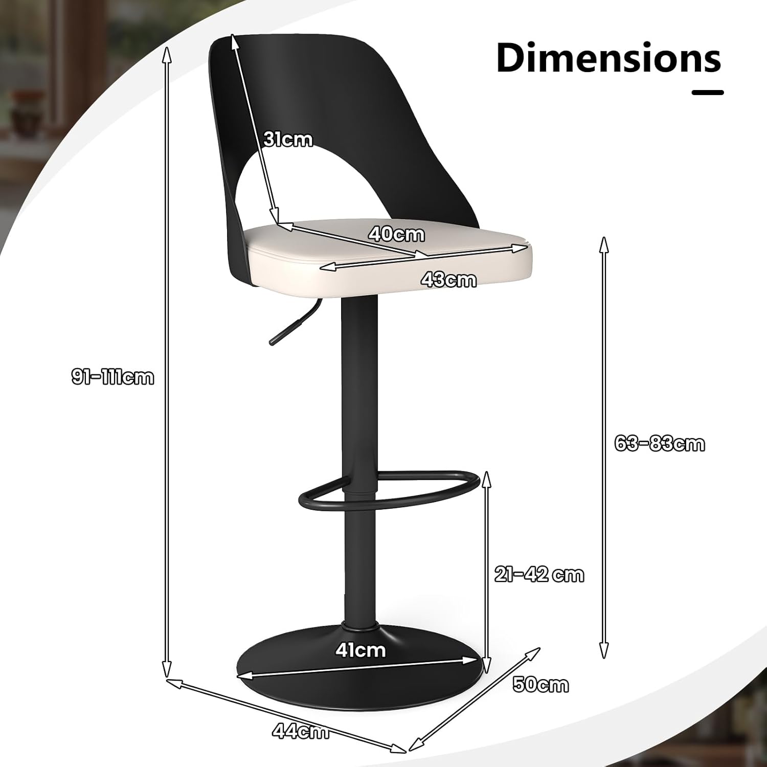 Juego de 2 Taburetes de Bar Giratorios, Sillas Ergonómicas con Respaldo, Reposapiés y Asiento con Altura Ajustable 63-83 cm (Blanco+Negro) - 2