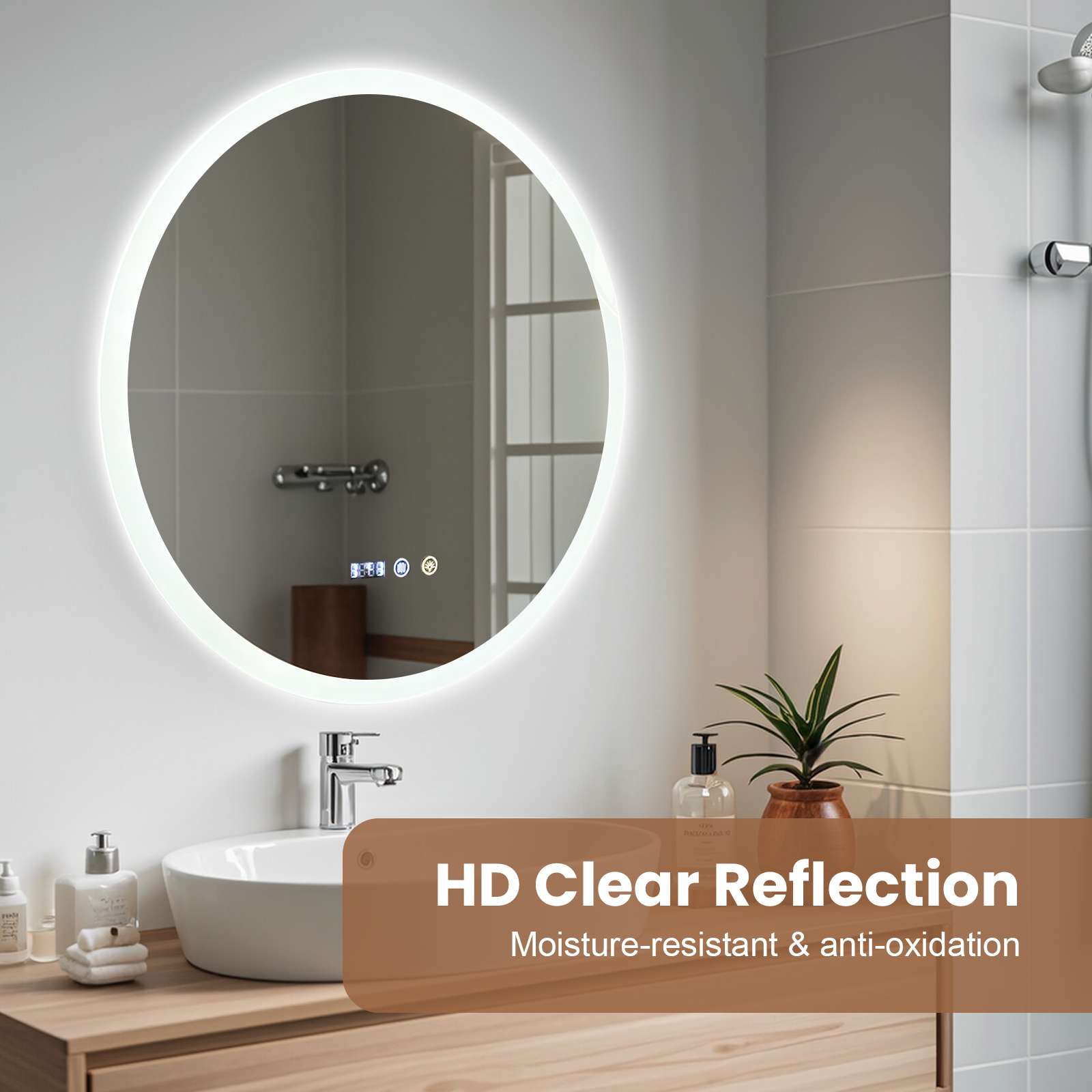 Espejo baño LED inteligente redondo antivaho táctil 3 colores regulable memoria seguridad vidrio impermeable diseño moderno lujo - 4