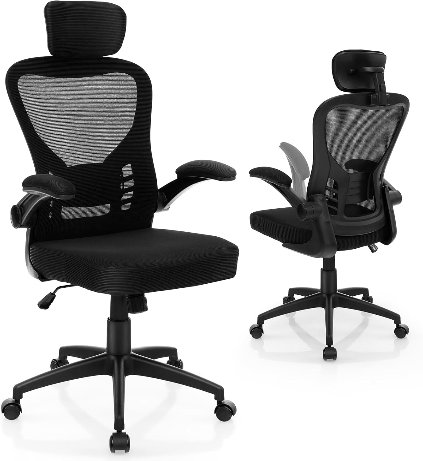 Ergonomiczne krzesło biurowe z regulowanym podparciem lędźwiowym i zagłówkiem, krzesło do biurka ze składanymi podłokietnikami i funkcją przechylania