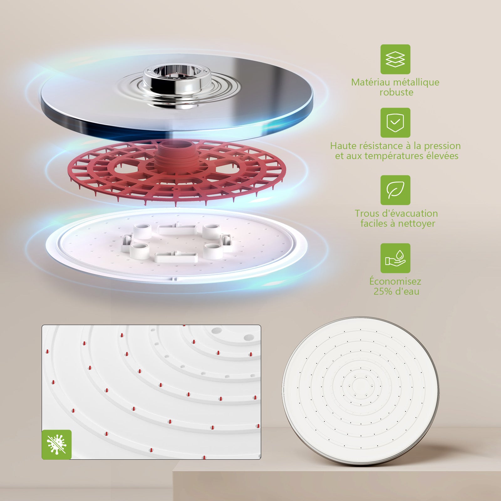 Colonne de Douche sans Mitigeur – Ensemble Complet avec Douchette, Tête Pluie 3 Jets et Tablette Rétractable – Chrome – Design Moderne - 6