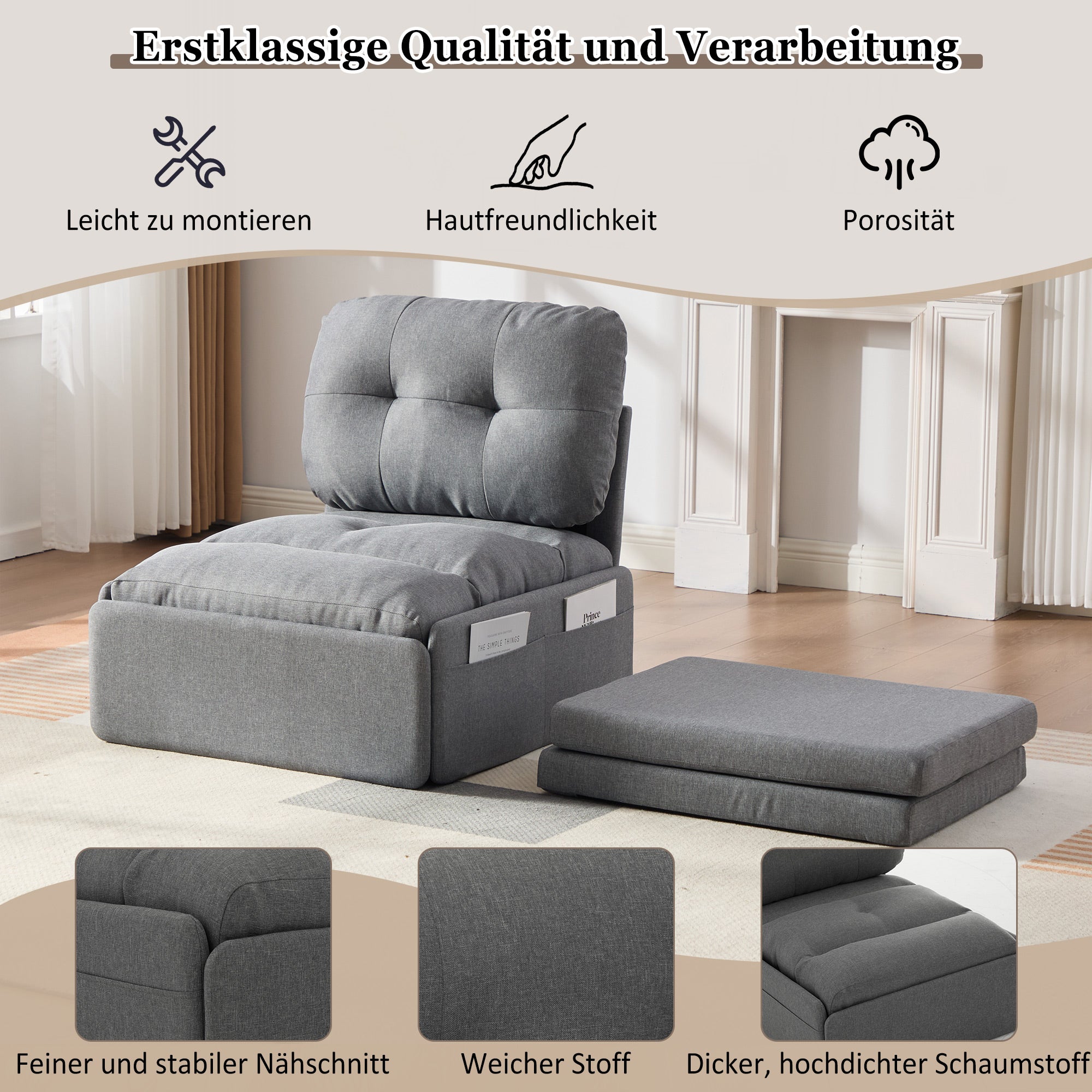 Sofa 2 w 1 z łóżkiem lnianym i metalowymi nogami – 81,5 x 92/195 x 90 cm – kieszenie do przechowywania – szara - 7