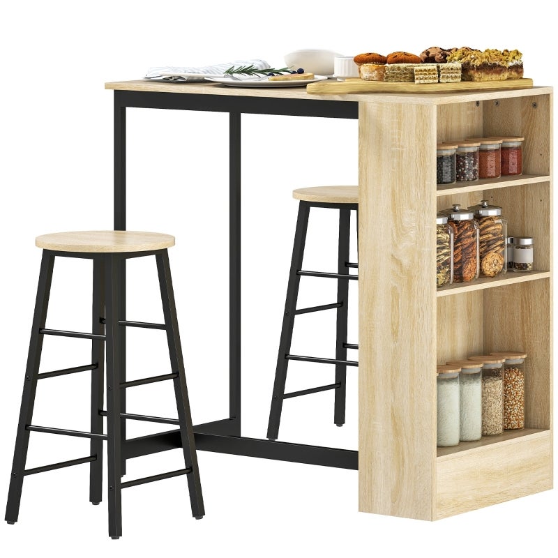 LIFEZEAL Set Tavolo e 2 Sgabelli da Bar,Bancone e 2 Sedie da Pranzo,Porta Bottiglie da Vino,Porta Calici,4 Ripiani,Salvaspazio,Cucina,Soggiorno,Ristorante,Legno e Metallo (grigio),120 x 40 x 121,5 cm