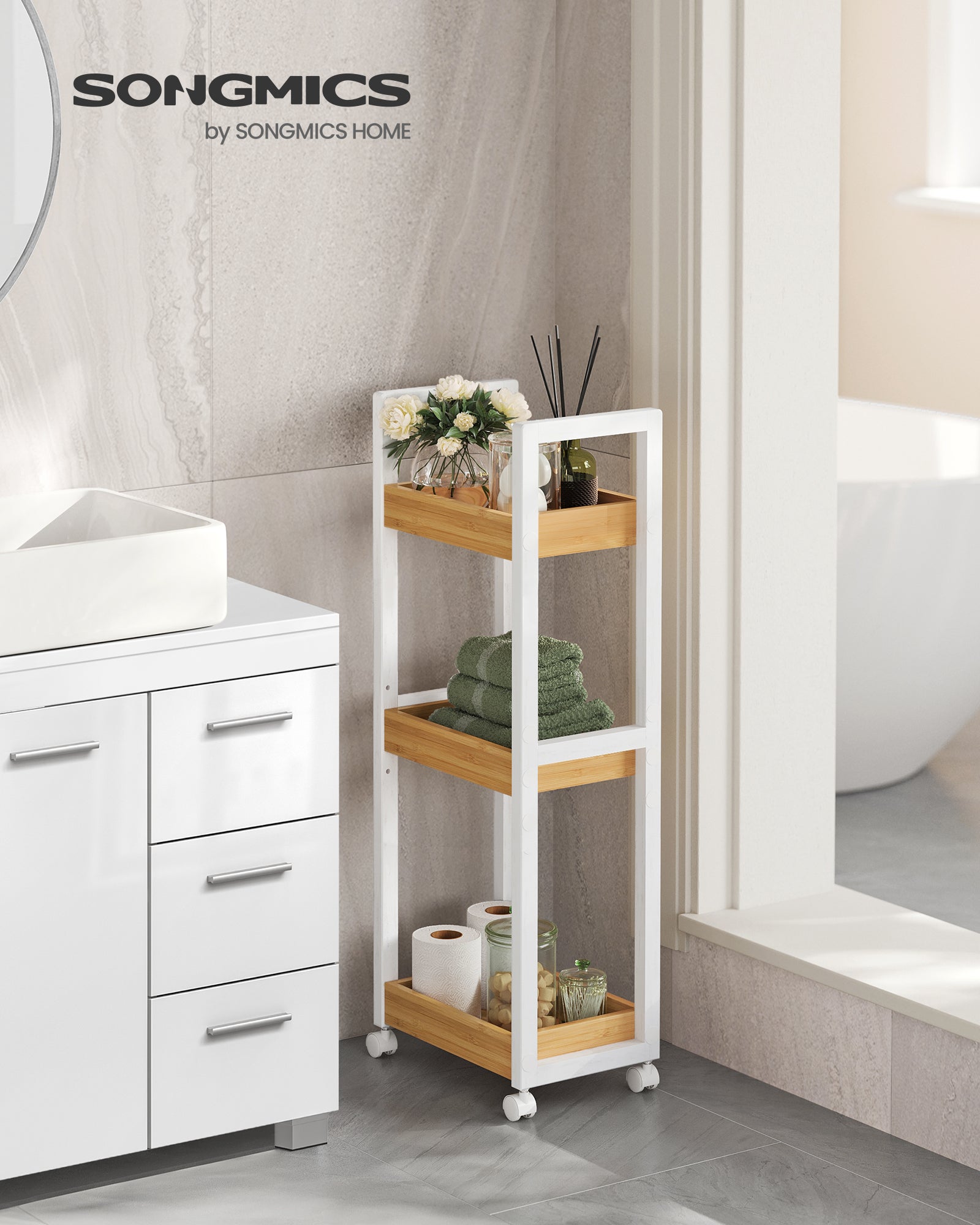 Étagère à Roulettes étroite 3 Niveaux En MDF Blanc | Chariot De Rangement Mobile Pour Petit Espace | Dimensions 40x14x80 Cm | Montage Facile