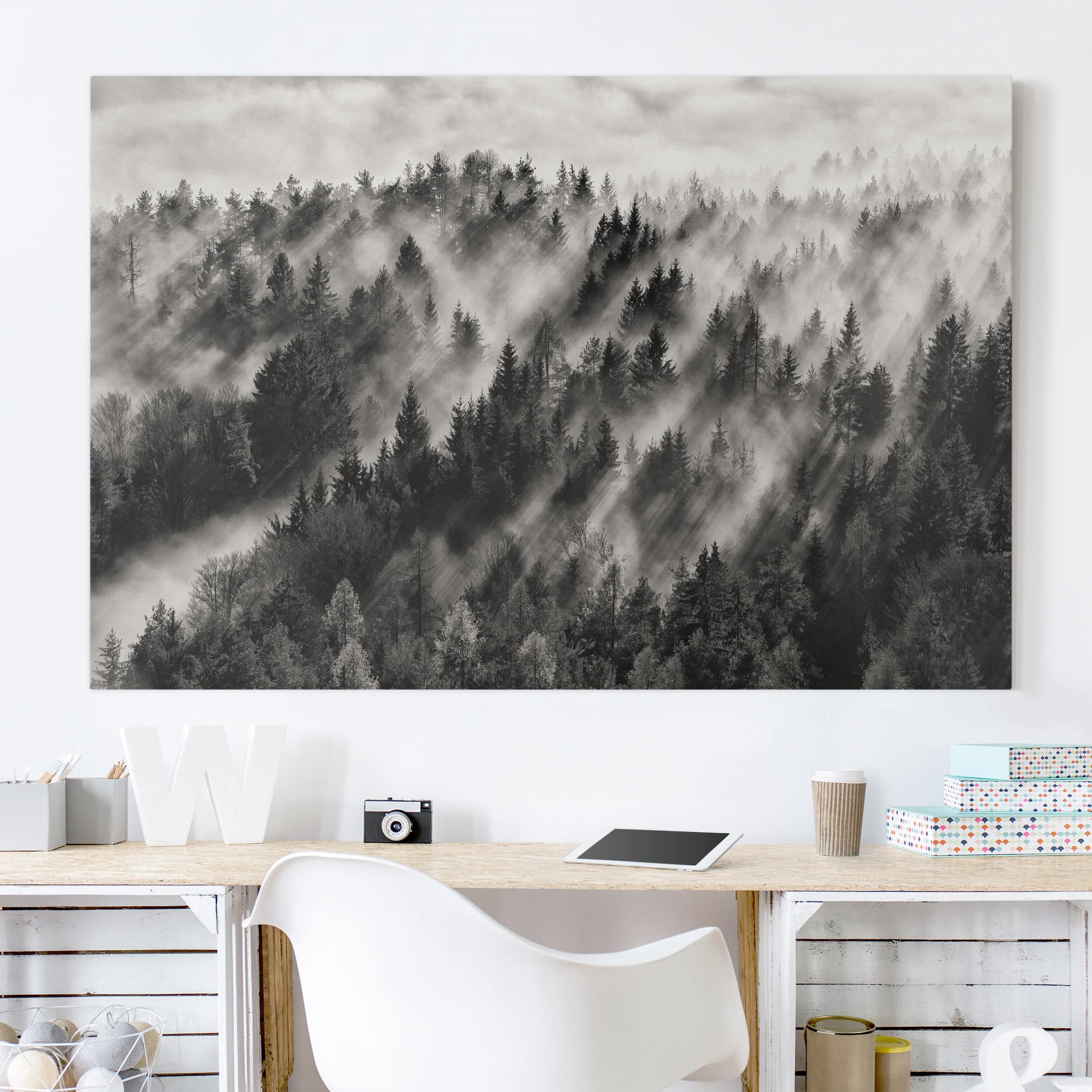 Tableau Déco Sur Toile 100x40 Cm - Paysage Montagne Noir Et Blanc, Style Moderne