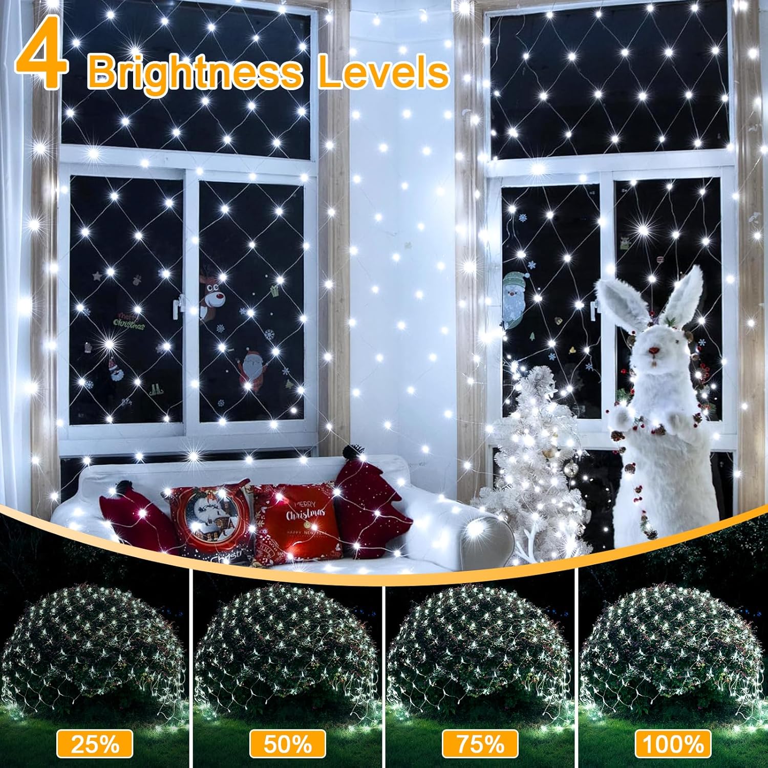 Luci solari a rete, luci a rete impermeabili a 192 LED da 3x2 m, 8 modalità di luci a rete con telecomando, bianco freddo - 3