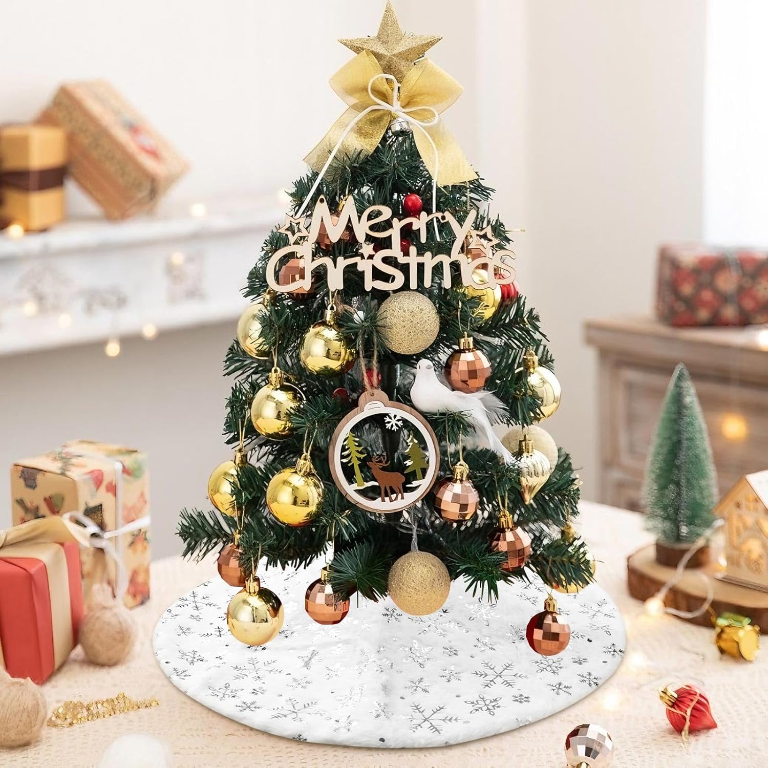 Saia para árvore de Natal, base para árvore de Natal, tapete para árvore de Natal, lantejoulas de floco de neve prateadas (branco, 150 cm) - 5