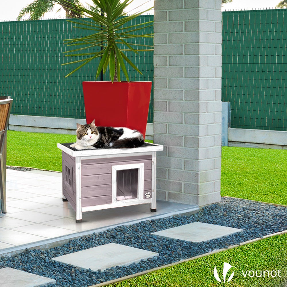 Maison pour chat niche en bois gris - toit bitumé autoportant et incliné - porte à lamelles - fenêtre en plexiglas - VOUNOT® - 2