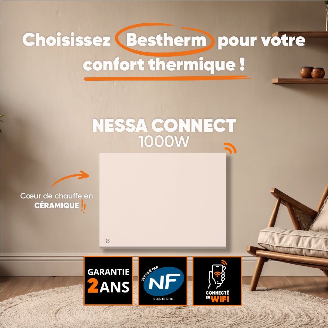 Radiateur électrique fixe connecté WIFI à inertie sèche céramique 1000W Bestherm NESSA CONNECT horizontal blanc - 3