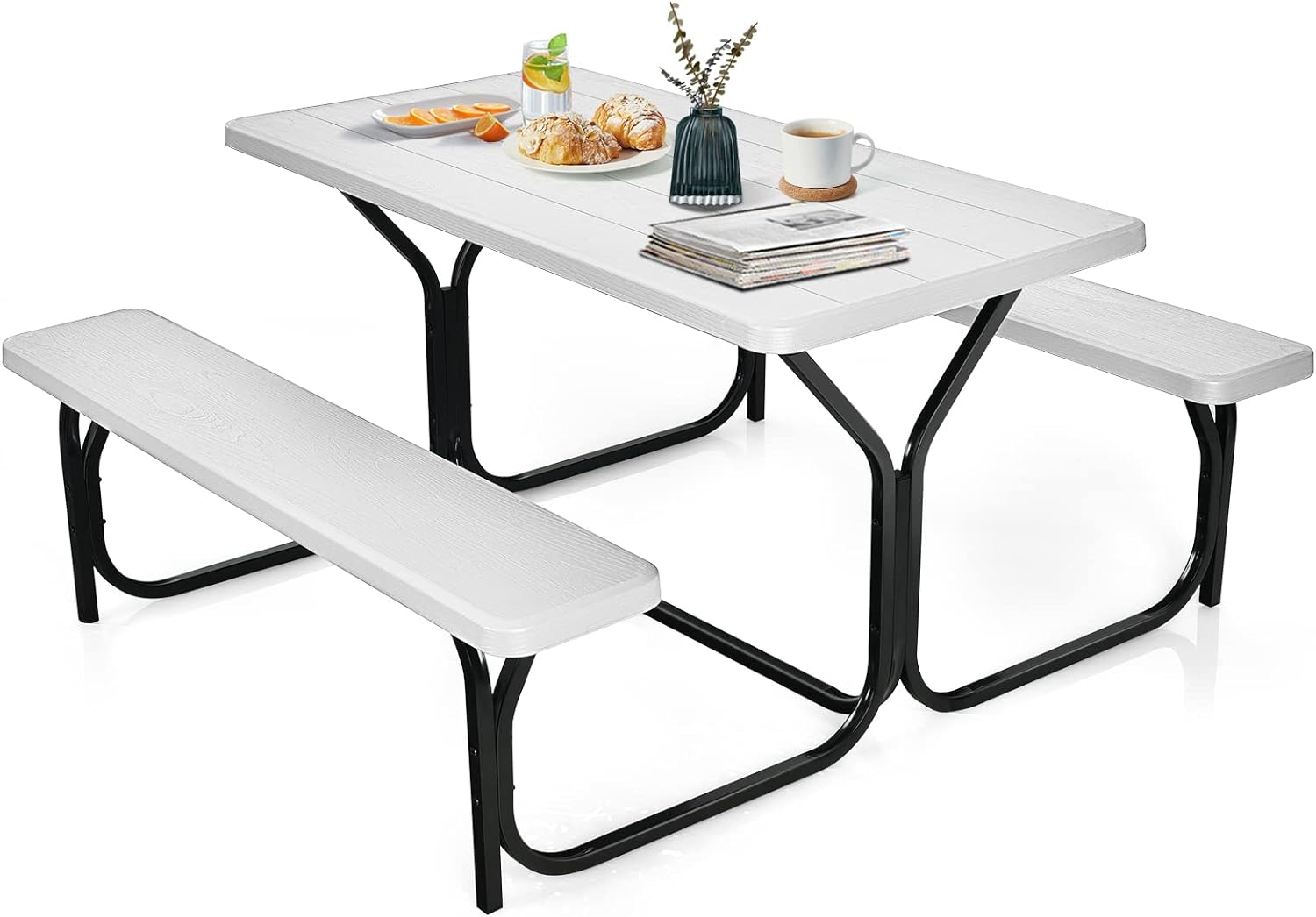 Zestaw Składanego Stołu Kempingowego z Metalową Ramą, Zestaw Stołu i Ławek z HDPE, 4 Osoby, 137 x 150 x 72 cm, Biały