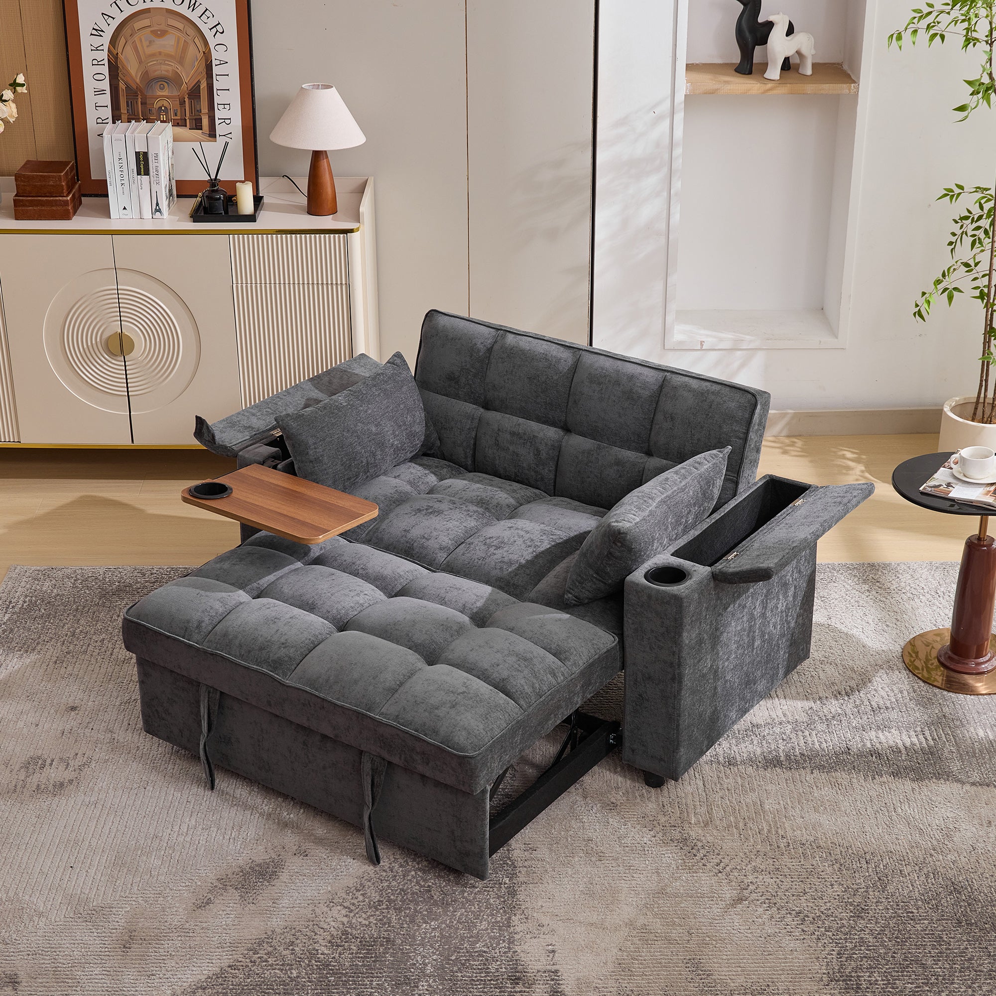 Sofa 2-osobowa z funkcją spania, portem USB i uchwytem na kubek – 140,5 x 74 x 82 cm – Tkanina flanelowa – Regulowane oparcie – Szara