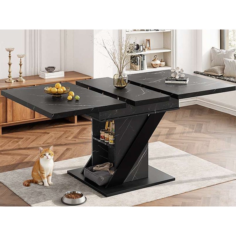 Rozkładany stół jadalny 110–140×80 cm, nowoczesny design z czarnego marmuru, blat z litego MDF, idealny do kuchni i salonu