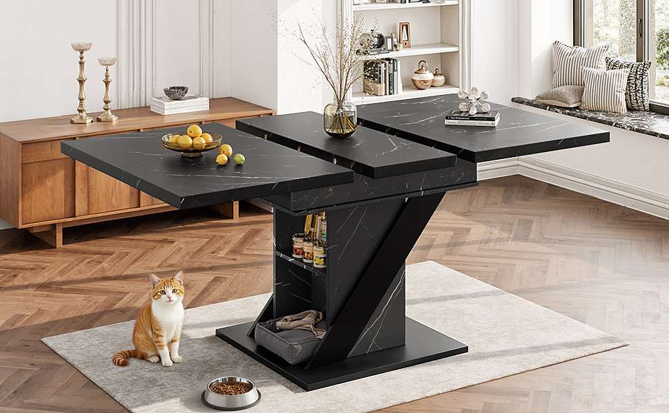 Rozkładany stół jadalny 110–140×80 cm, nowoczesny design z czarnego marmuru, blat z litego MDF, idealny do kuchni i salonu