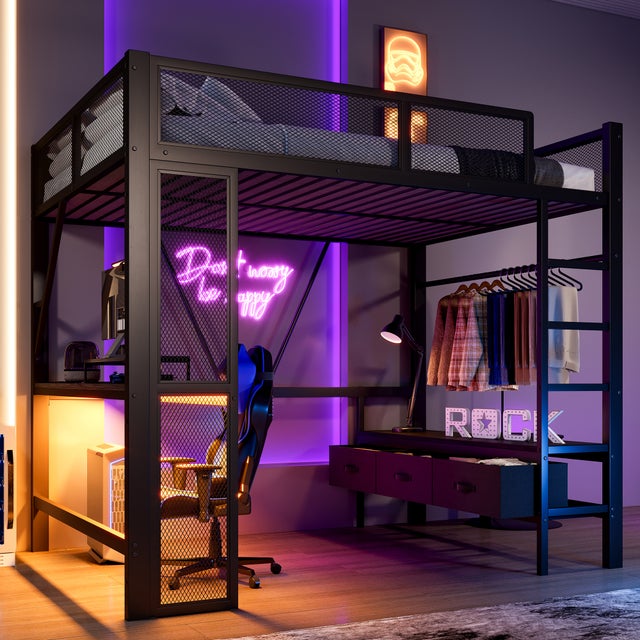 Lit mezzanine en fer 140 x 200 cm avec bureau, lit superposé avec armoire ouverte et 3 tiroirs, lit de jeu avec ports USB et LED pour enfant, noir