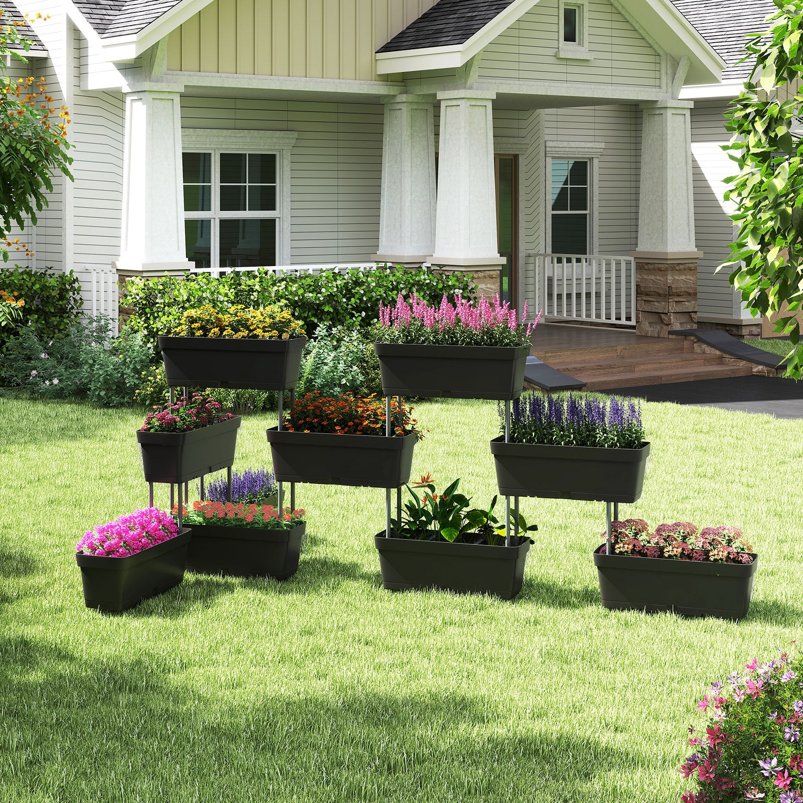 Jardinière Surélevée Vertical avec 6 Bacs de Plantation Trous de Drainage, Lit de Jardin Arrangement DIY pour Fruits Légumes Fleurs Herbes, Noir - 2