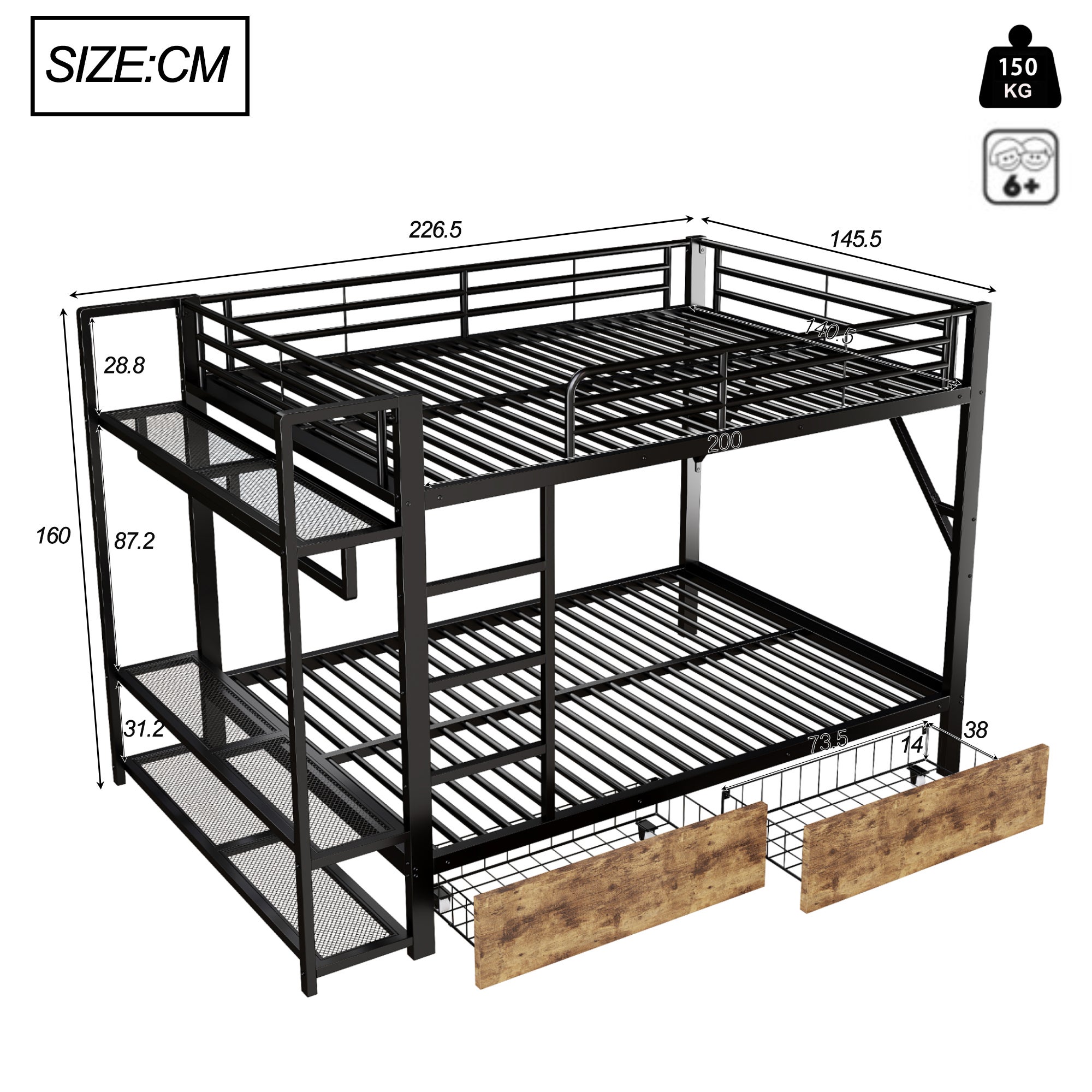 Lit Mezzanine 140x200 cm Étagère avec LED, Cadre de lit Noir avec Tablettes et Porte-Vêtements Métallique, Lit superposé avec 2 Tiroirs, sans Matelas - 9