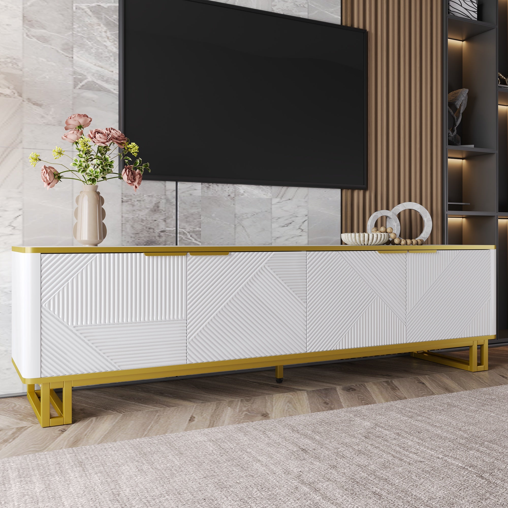 Nowoczesna szafka RTV 160 x 37,5 x 48 cm - Z 4 drzwiami - Żelazna rama - Geometryczna faktura - Płyta MDF - Biały + Złoty - 9