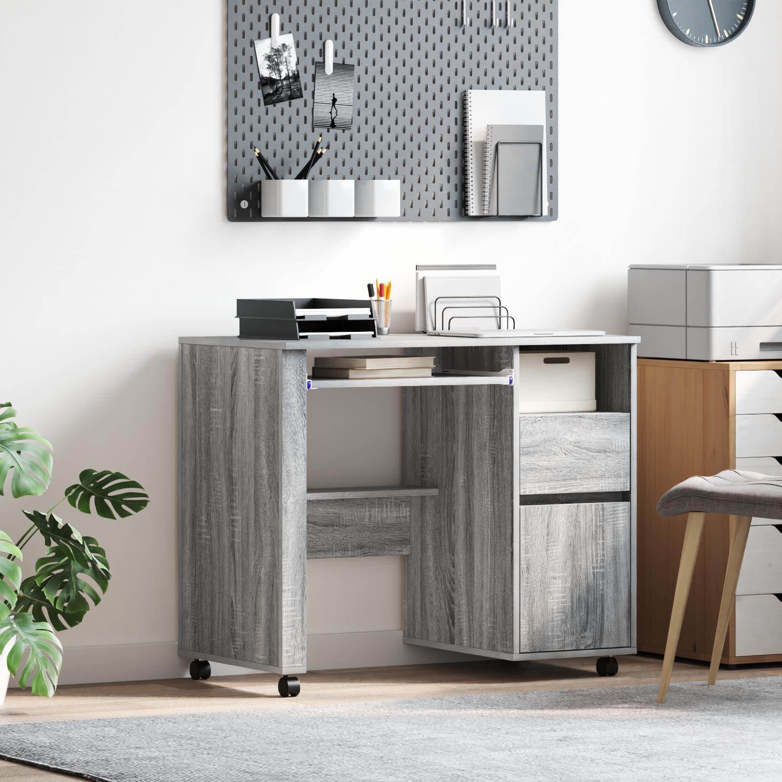 Bureau Vidaxl 90x45cm Gris Sonoma - 3 Tiroirs - Bois D'Ingénierie - Parfait Pour Télétravail
