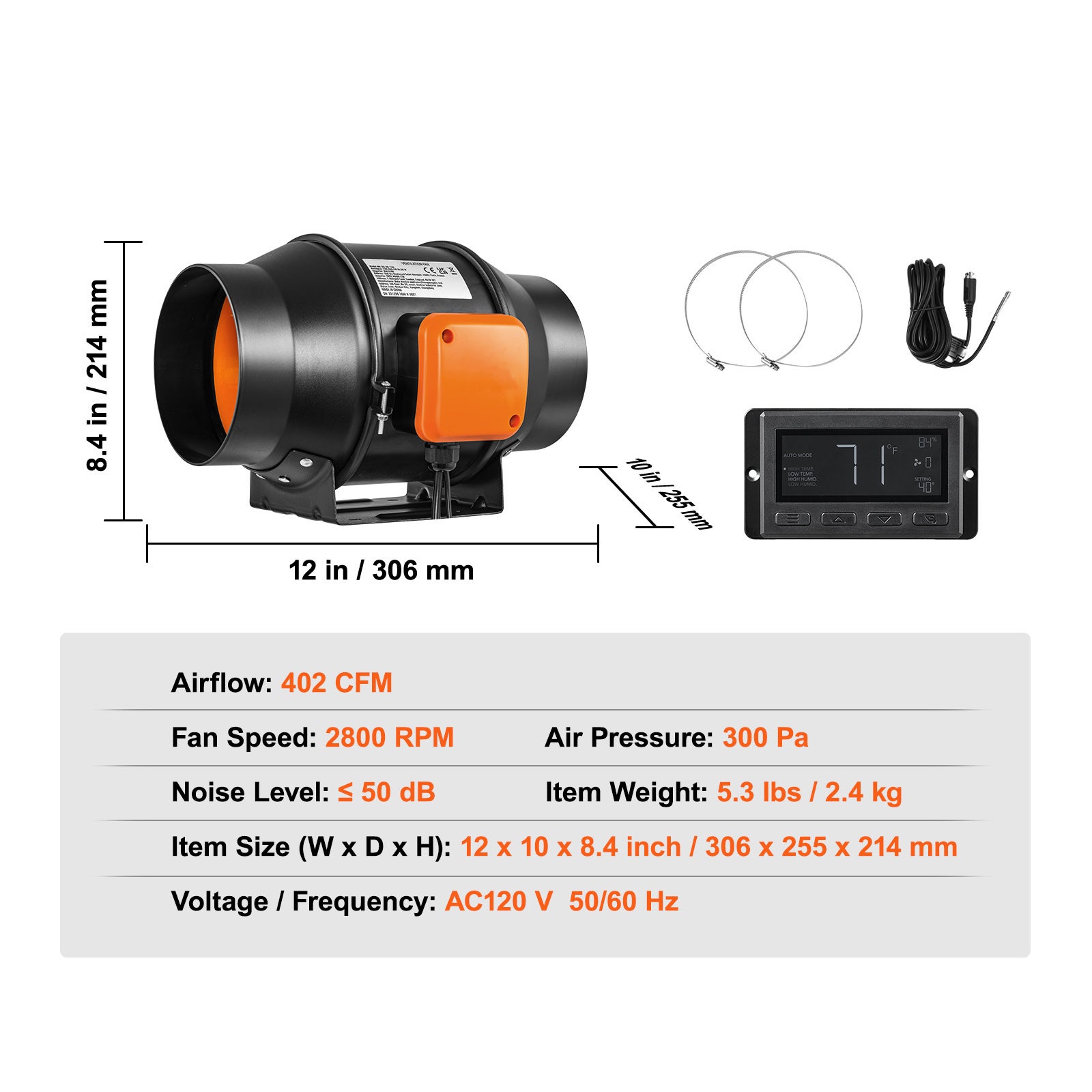 Ventilateur de conduit en ligne 15,2 cm 402 CFM avec contrôleur de température et d'humidité, ventilateur d'extraction silencieux à moteur EC SucceBuy - 9